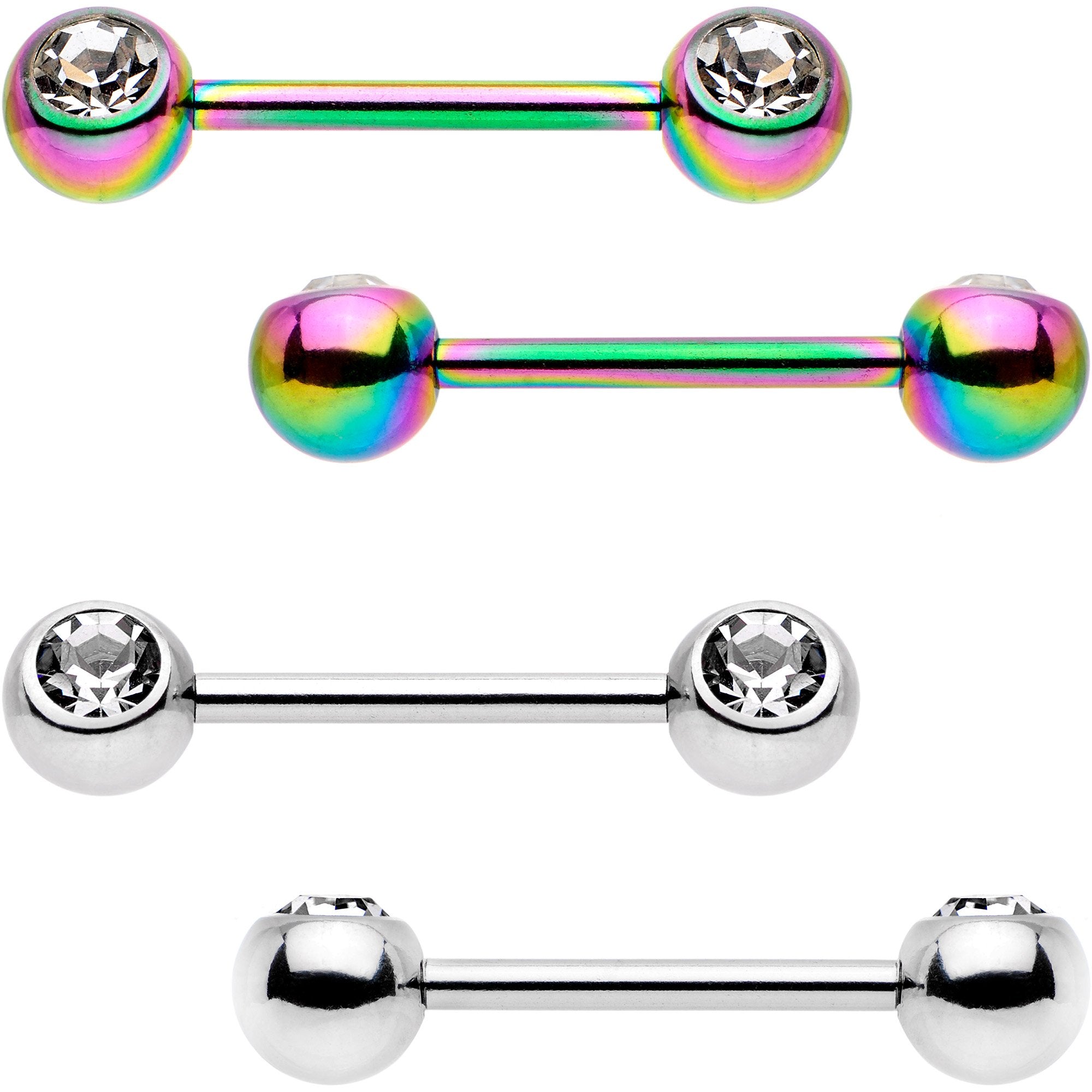 Clear Gem Rainbow PVD Stainless Steel Barbell Nipple Ring Set of 4