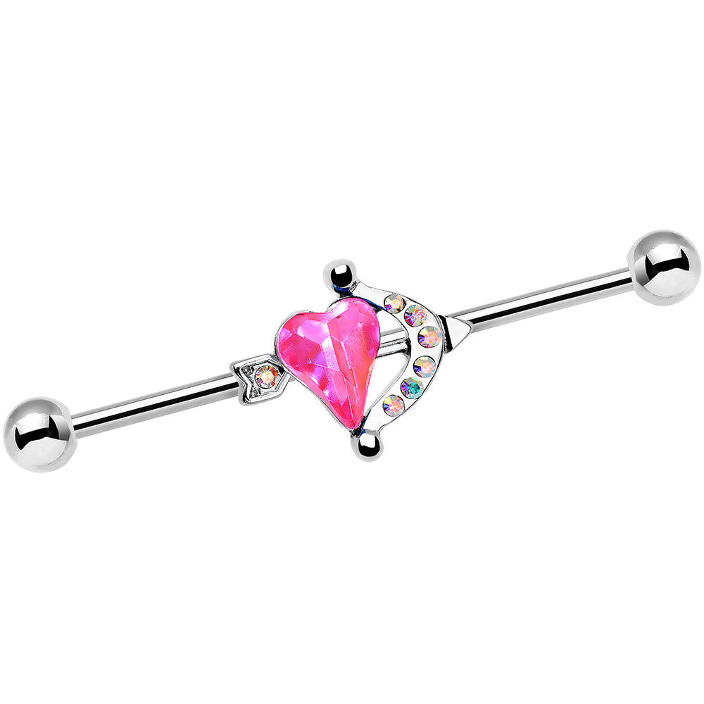 Pink Aurora Gem Heart and Arrow Calling Cupid Industrial Barbell 38mm