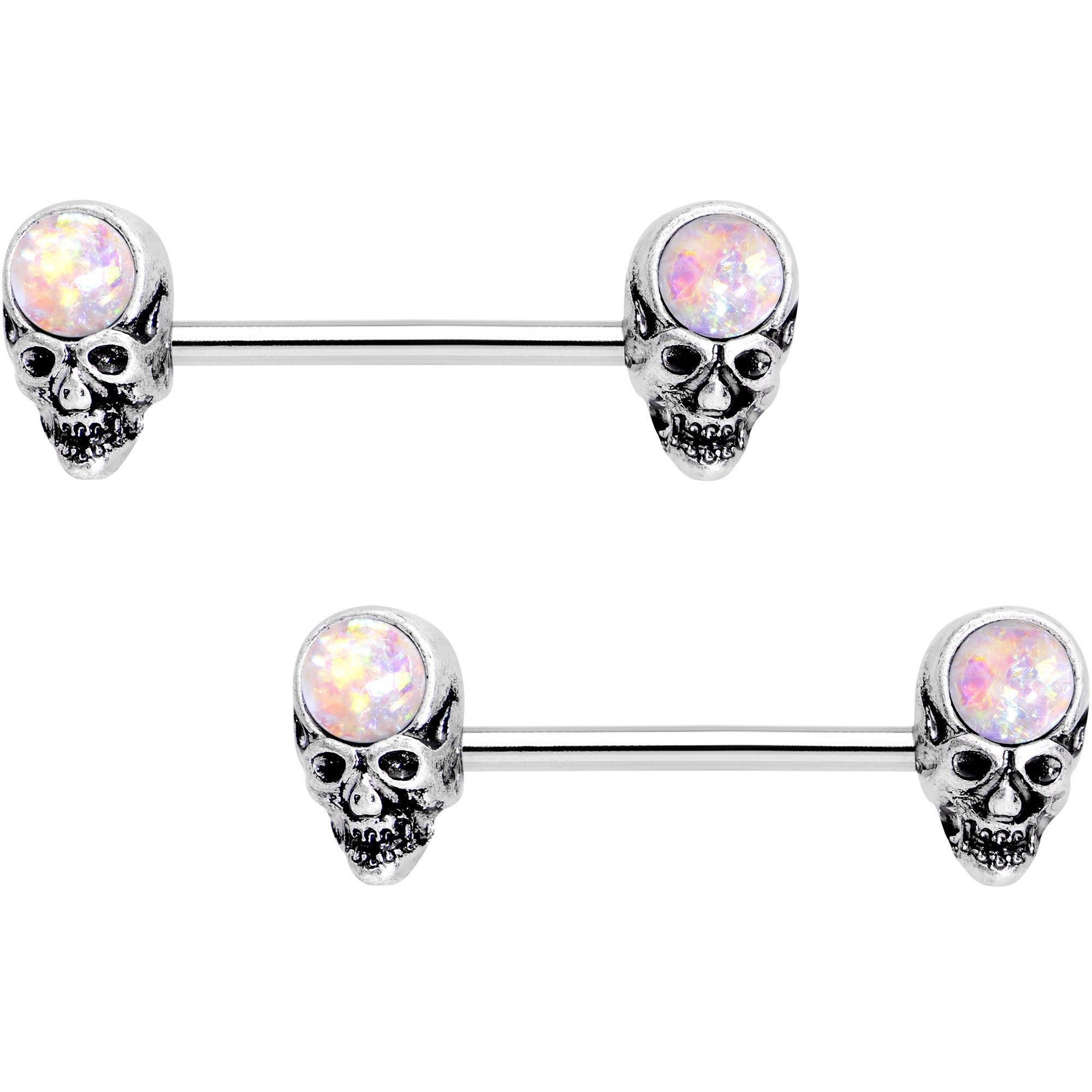 14 Gauge 5/8 White Faux Opal Psychic Skull Barbell Nipple Ring Set