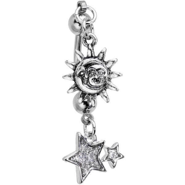 Clear Gem Sun Moon Star Double Mount Dangle Belly Ring