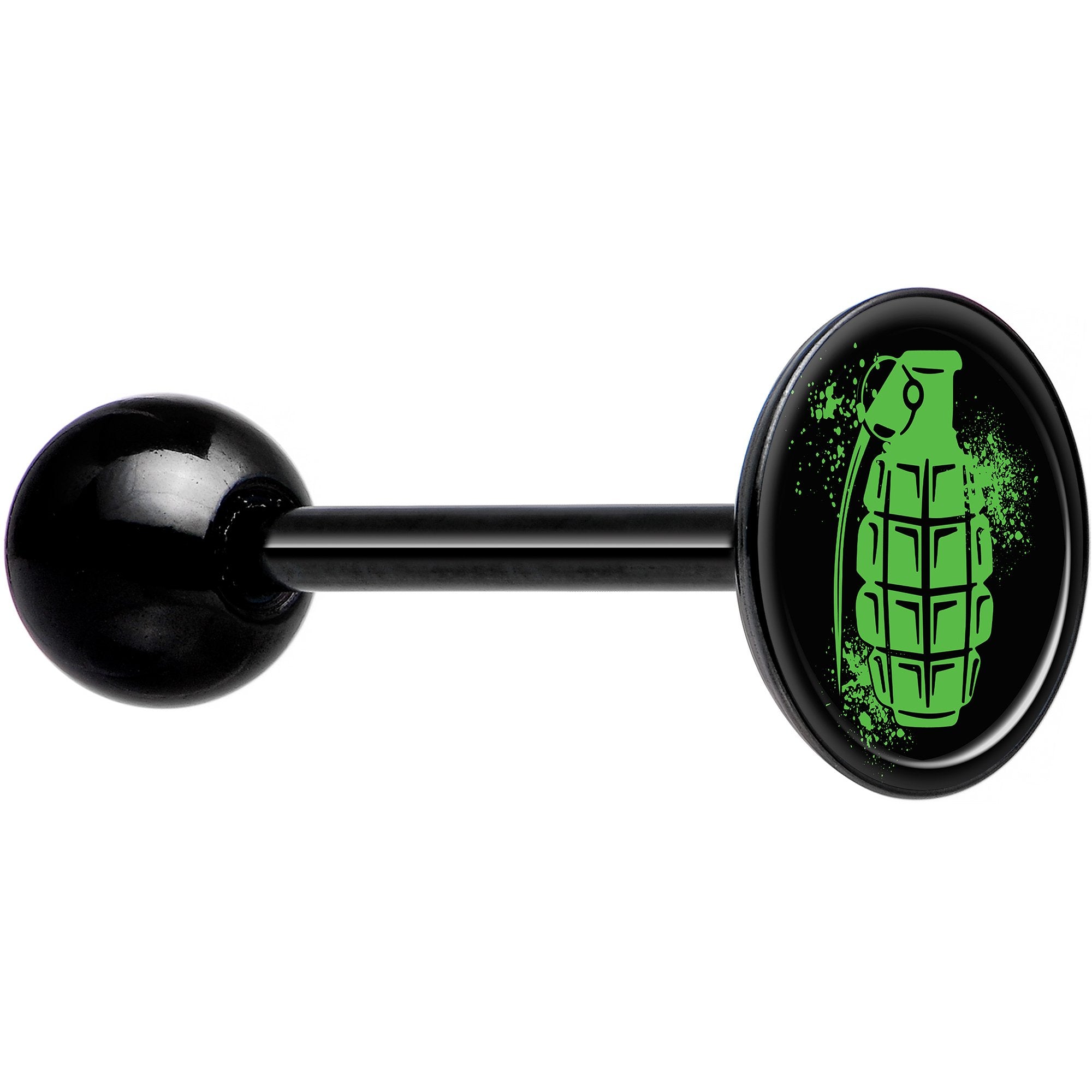 Green Grenade Black Barbell Tongue Ring