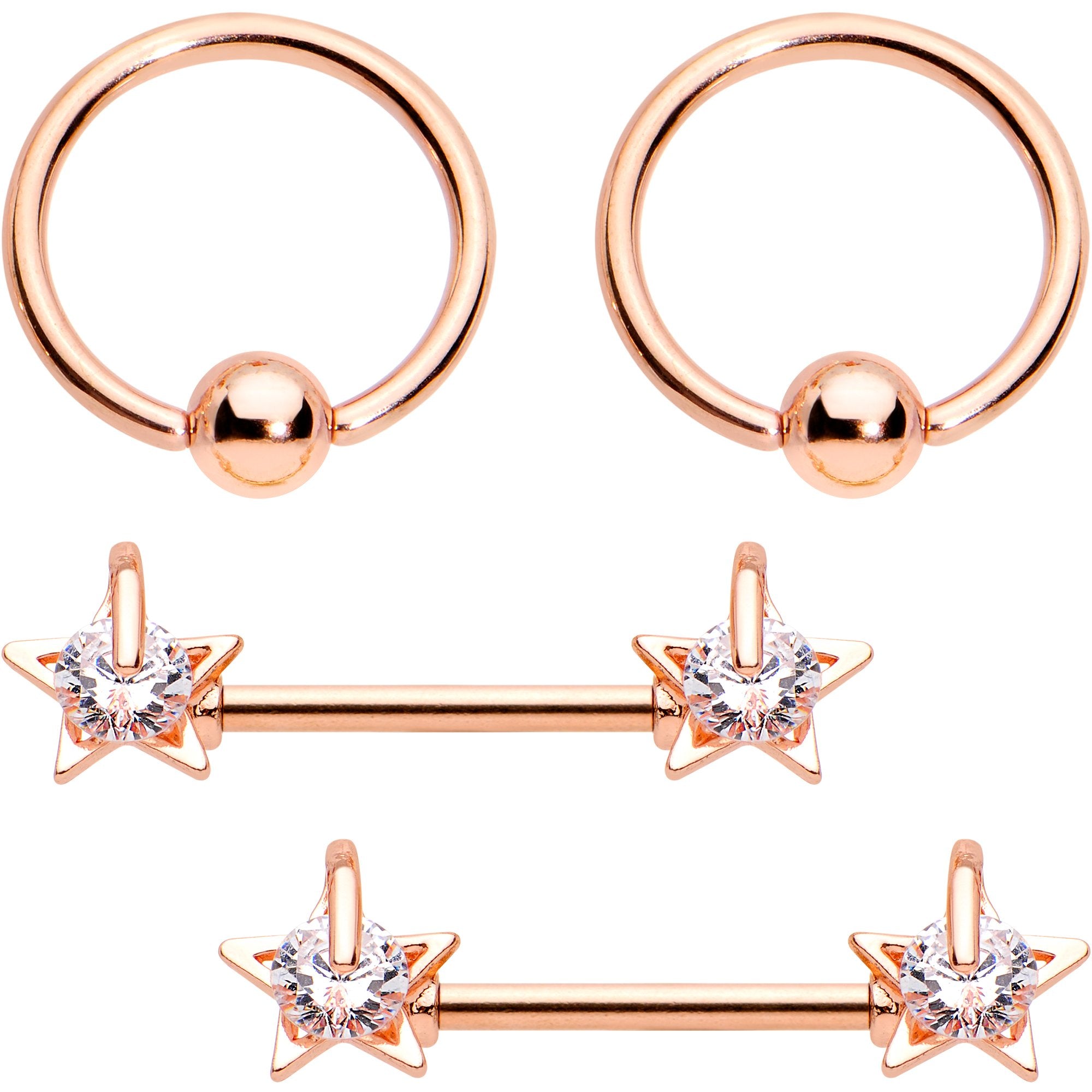 Clear CZ Gem Rose Gold Tone Sky Star Captive Barbell Nipple Ring Set