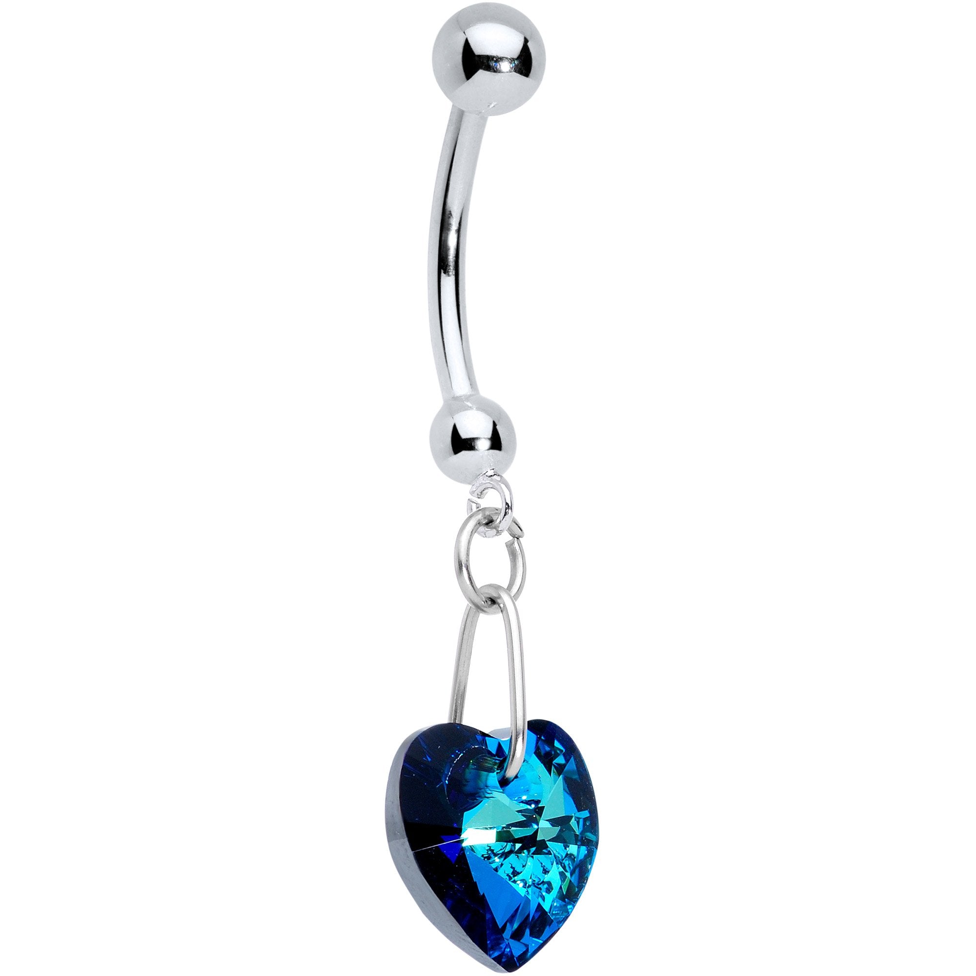 14KT White Gold Blue Heart Belly Ring Created with Crystals