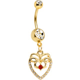 Clear Red CZ Gem Gold Anodized Bow Heart Dangle Belly Ring