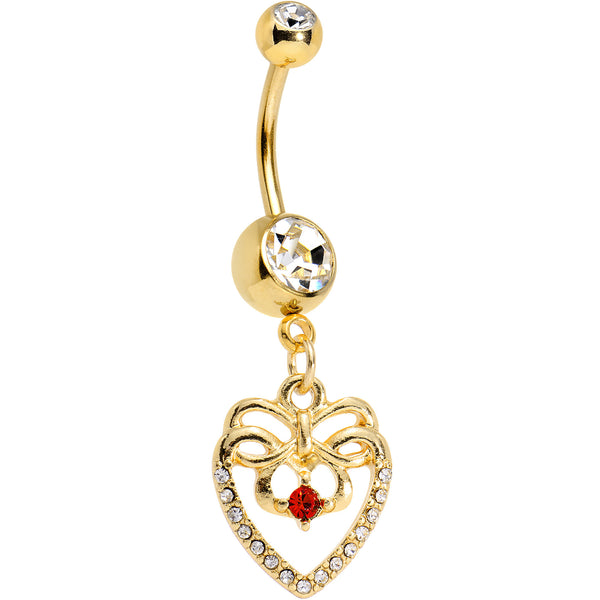 Clear Red CZ Gem Gold Anodized Bow Heart Dangle Belly Ring