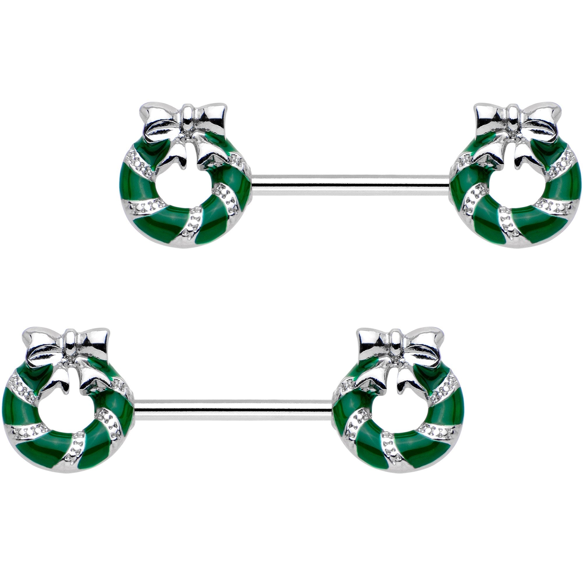 9/16 Minty Green Christmas Candy Cane Wreath Barbell Nipple Ring Set
