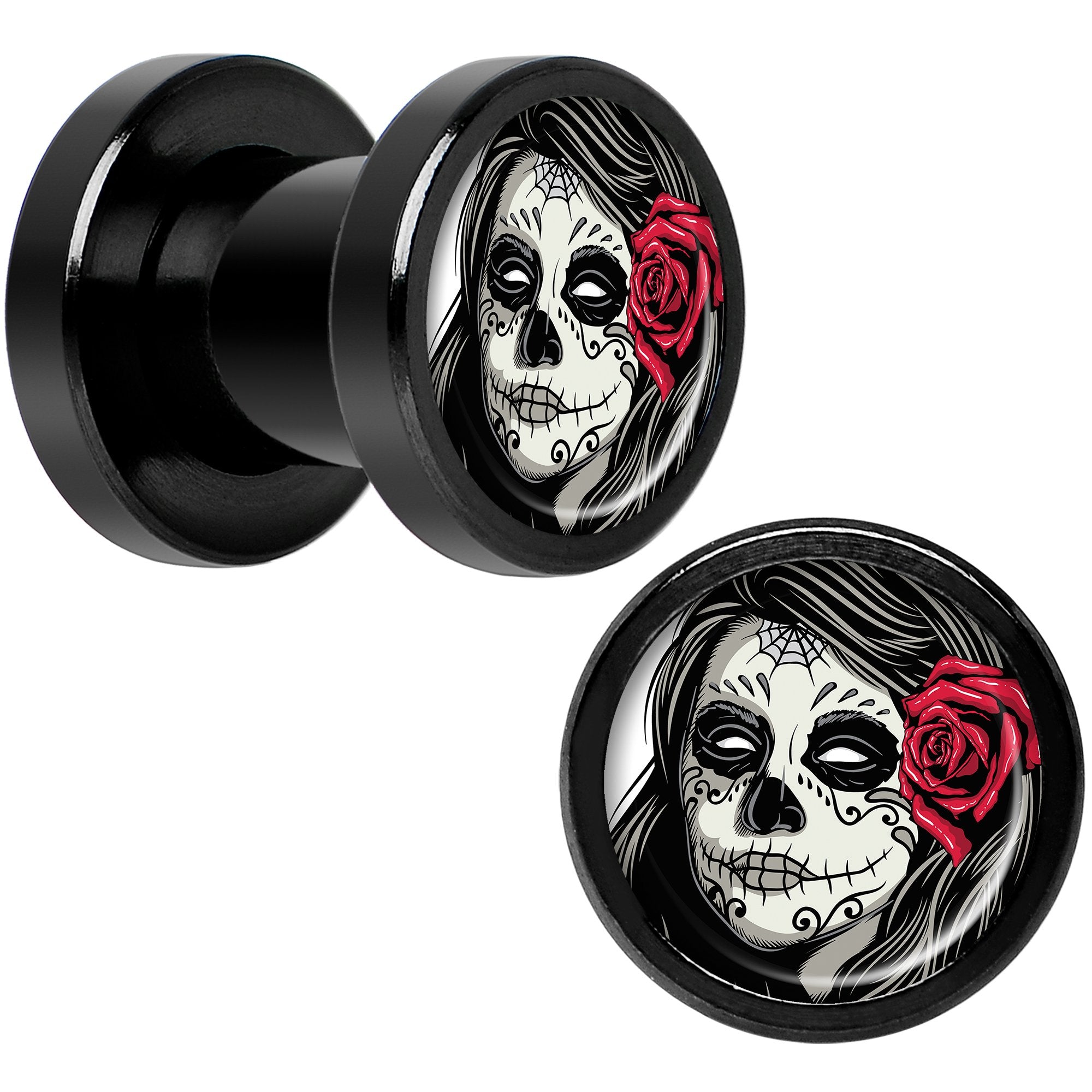 Katrina Sugar Skull Rose Flower Black Anodized Screw Fit Plug Set 2G