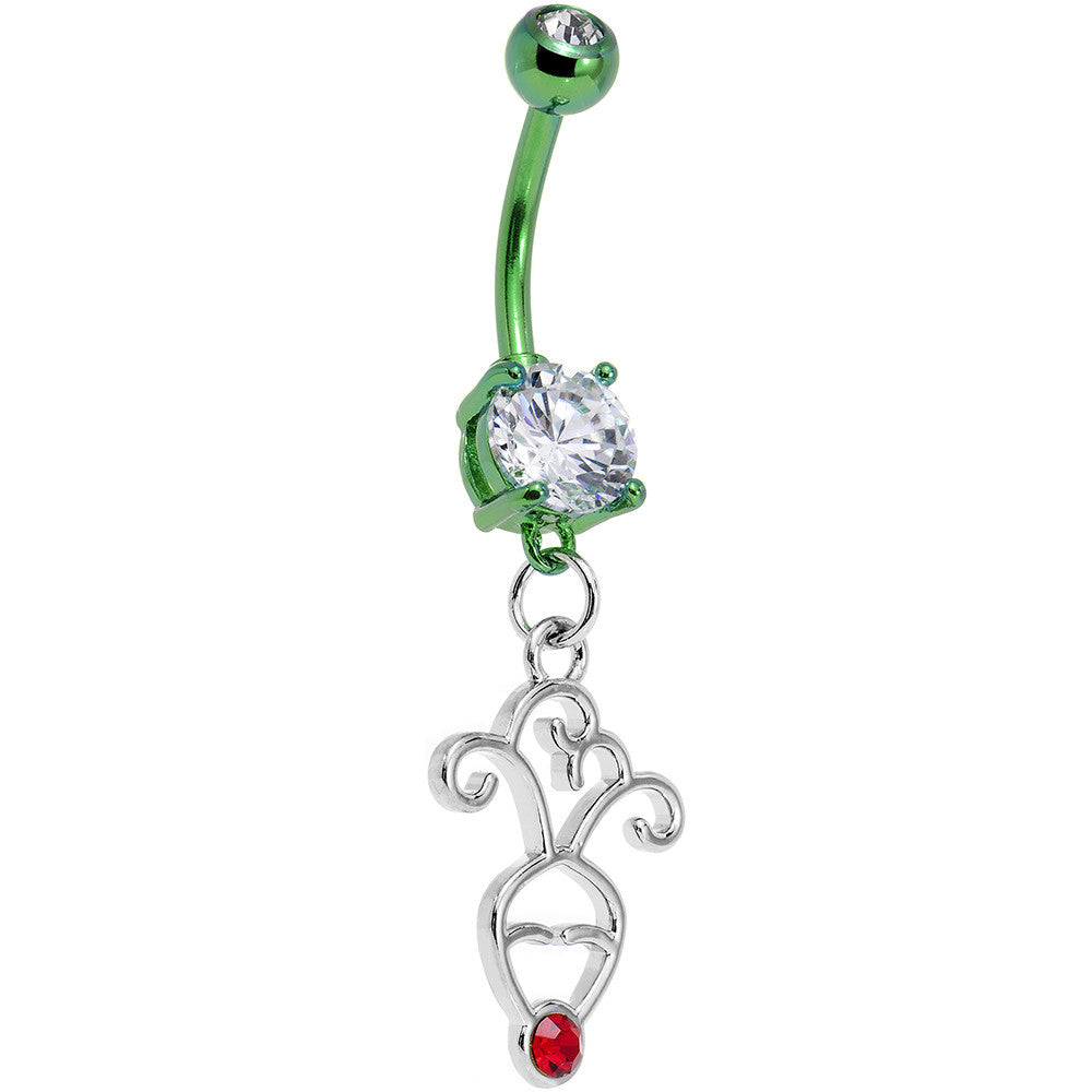 Green Red Nosed Rudolph Holiday Belly Ring Made with Crystals