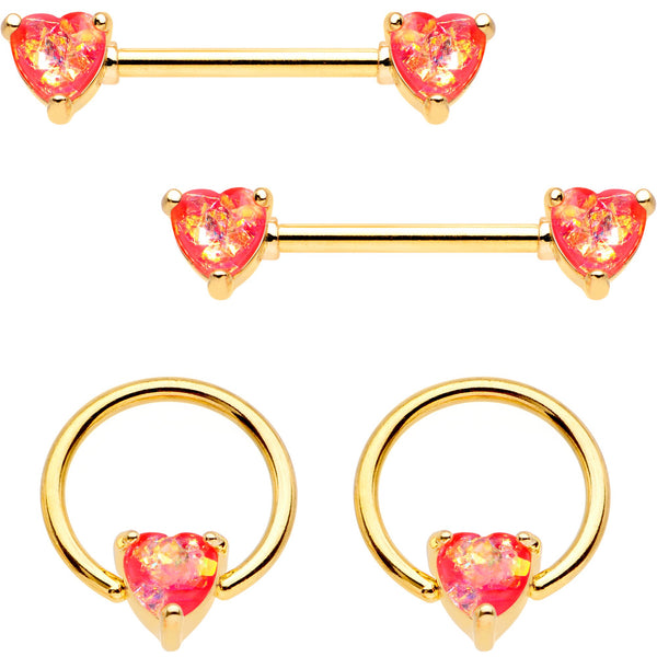 14 Gauge Coral Pink Faux Opal Heart BCR Ring Barbell Nipple Ring Set