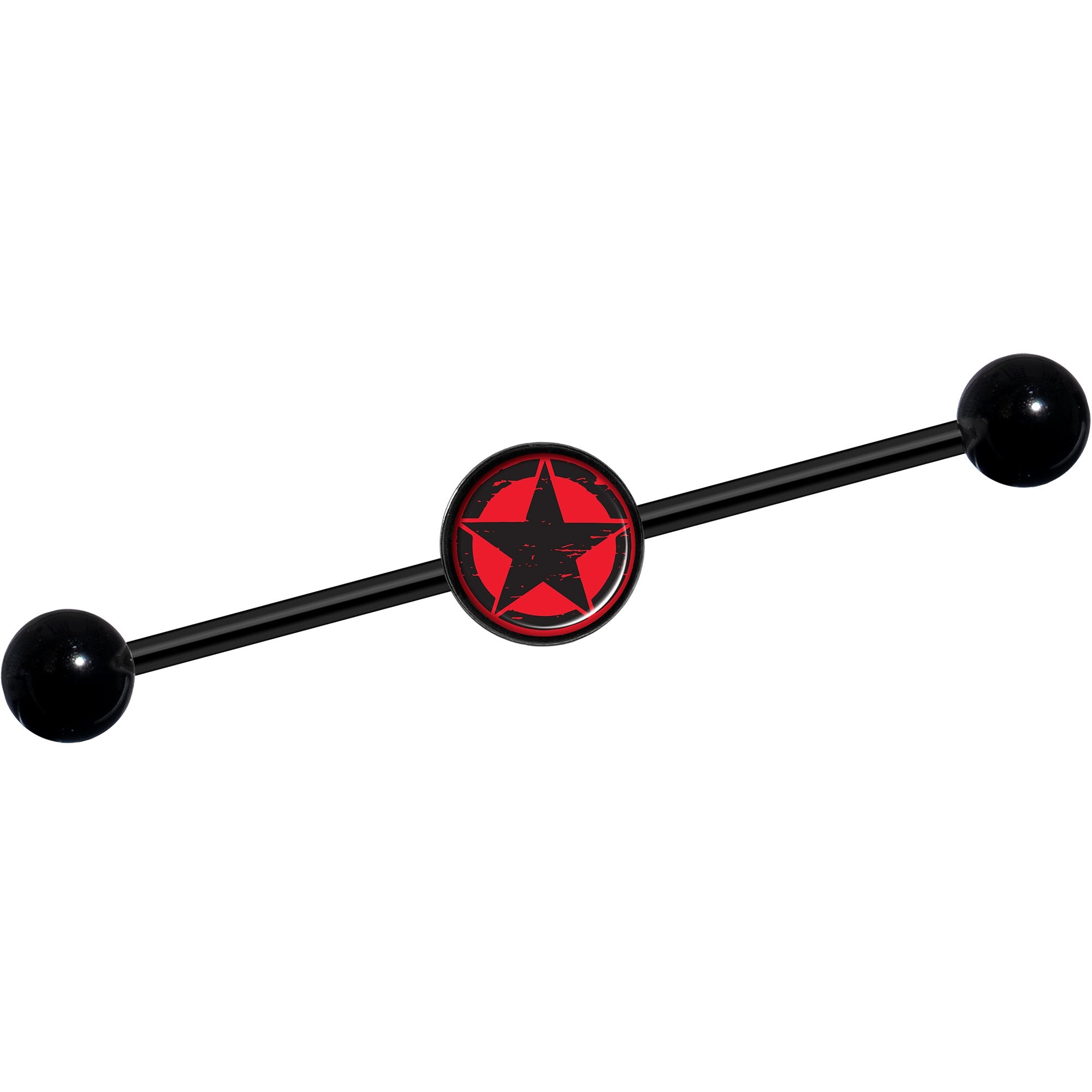 14 Gauge Black Red Distressed Star Black Industrial Barbell 37mm
