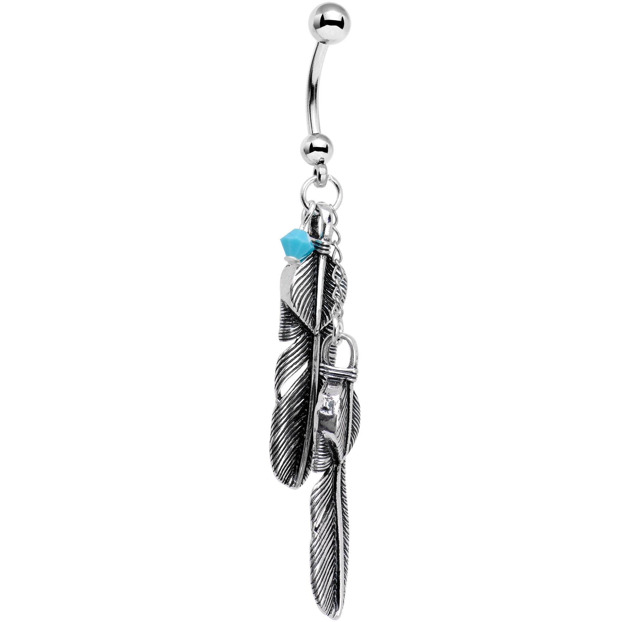 Handmade Blue Gem Feather Belly Ring Created with Crystals