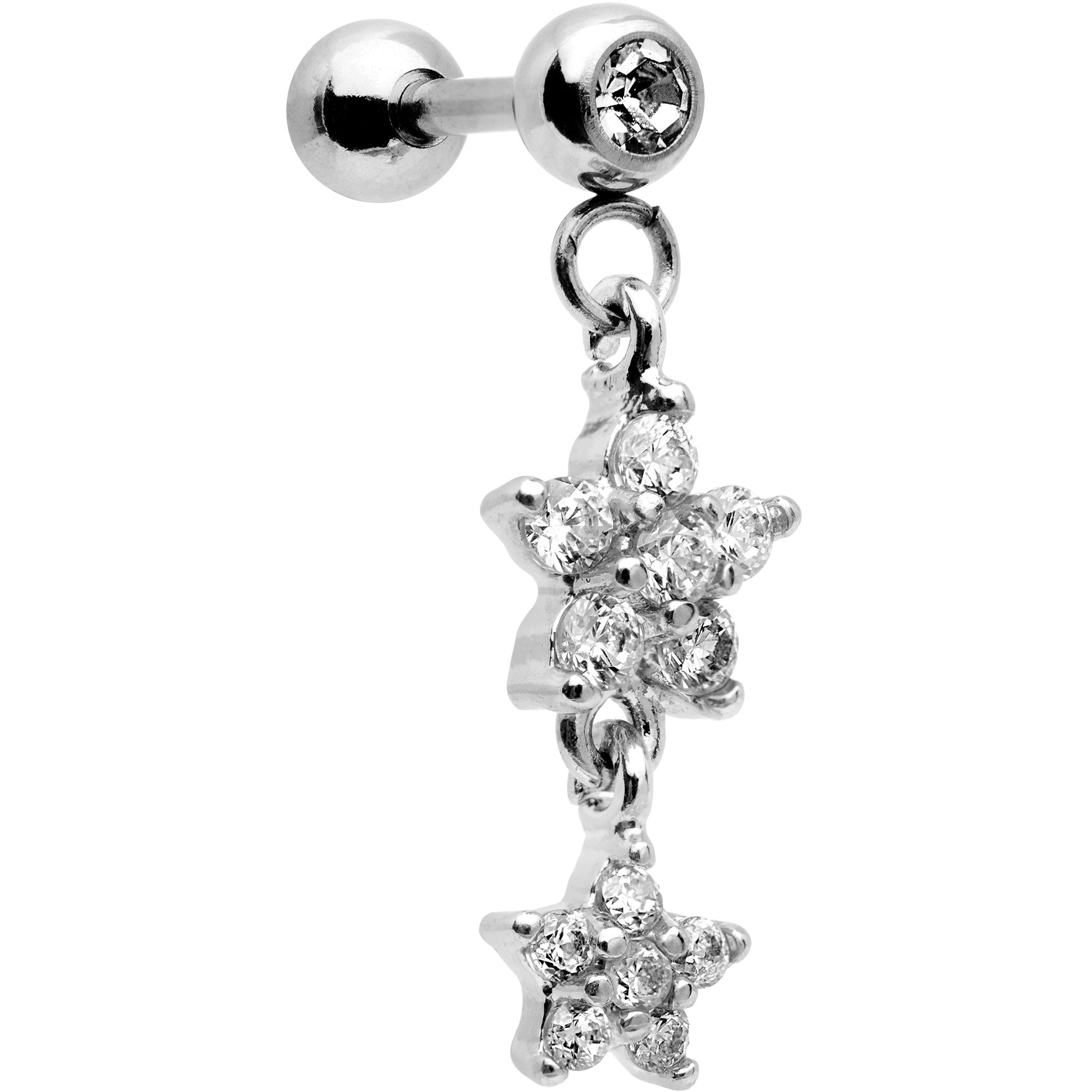 16G 1/4 Clear Gem Double Star Dangle Cartilage Tragus Earring