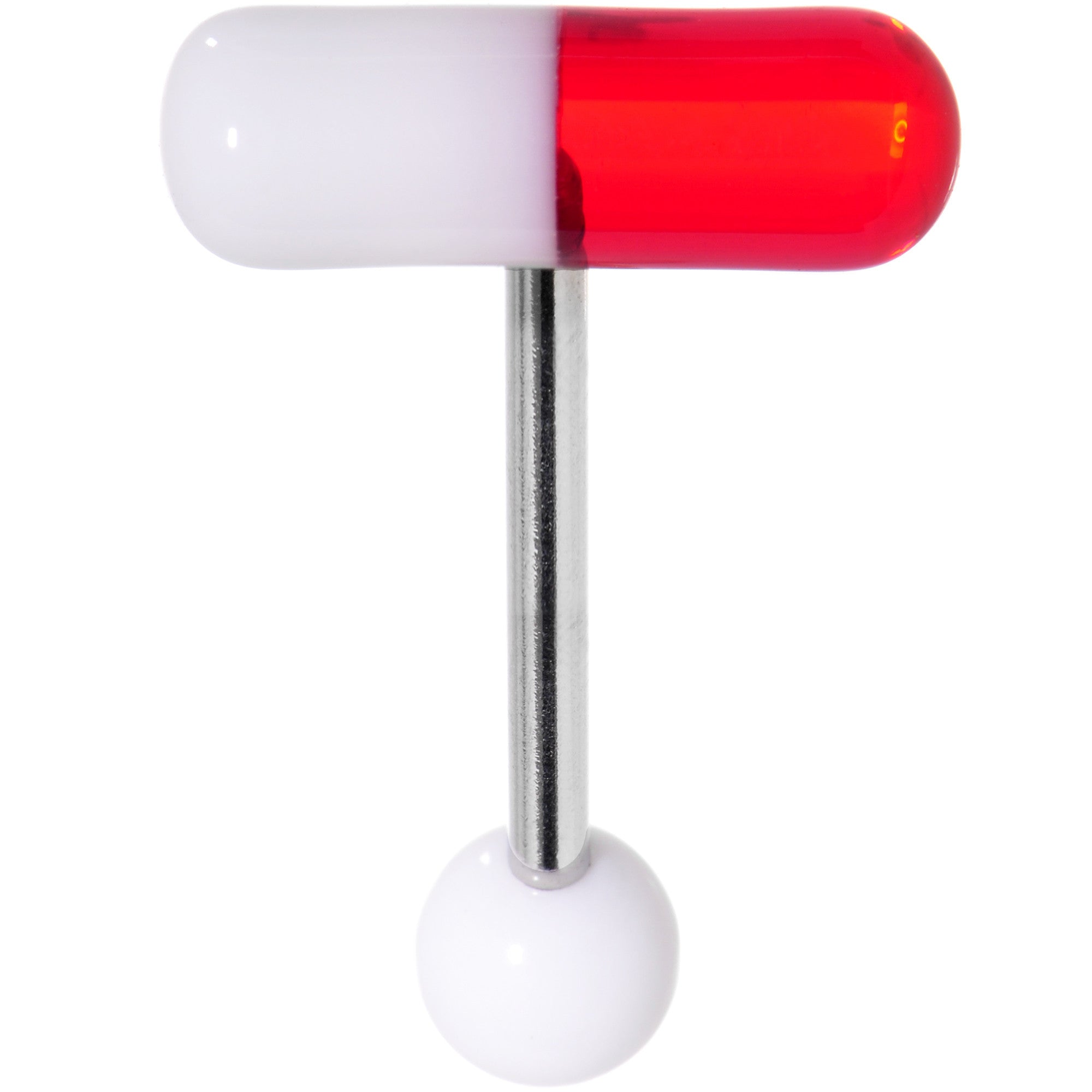 Red White Acrylic Capsule Pill Top Barbell Tongue Ring