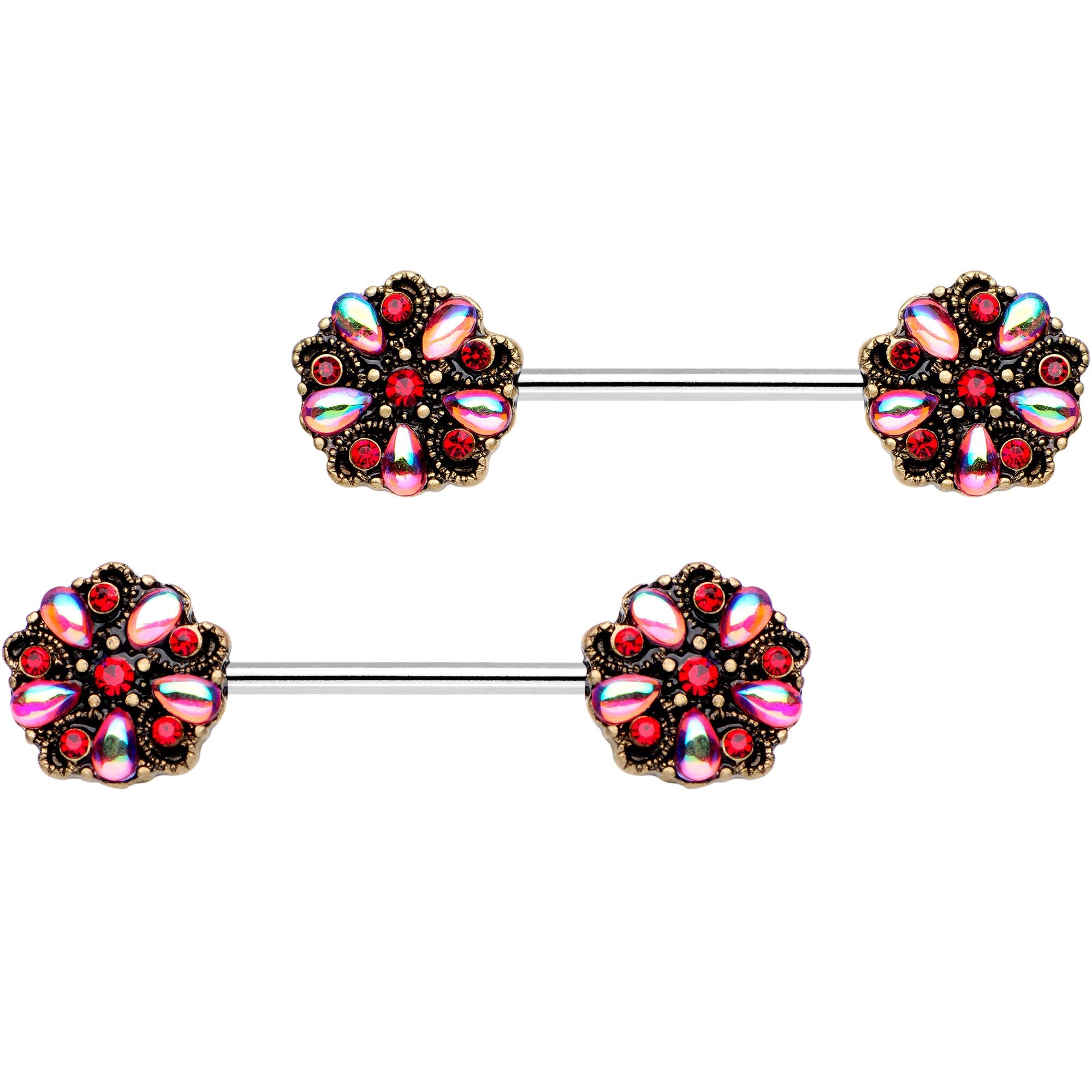 14G 5/8" Red Pink Gem Pinwheel Barbell Nipple Ring Set