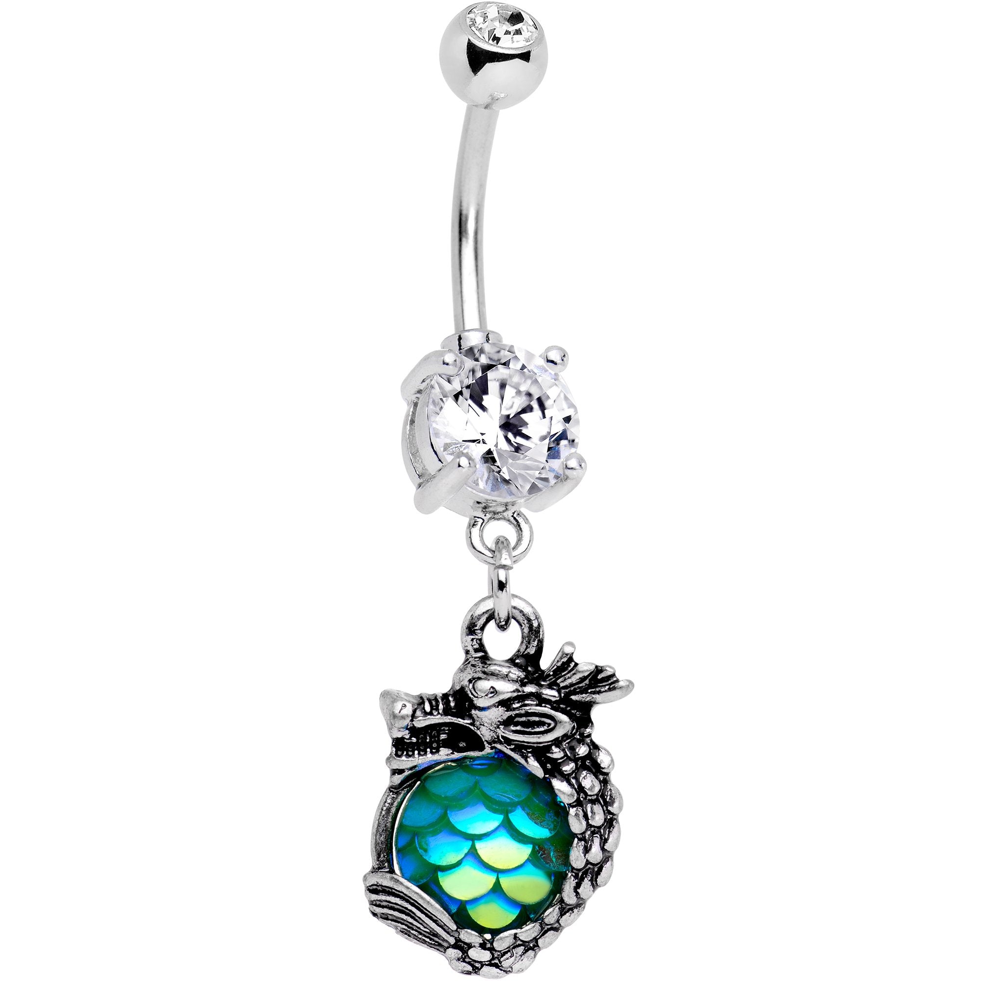 Clear Gem Iridescent Green Scale Dragon Egg Dangle Belly Ring