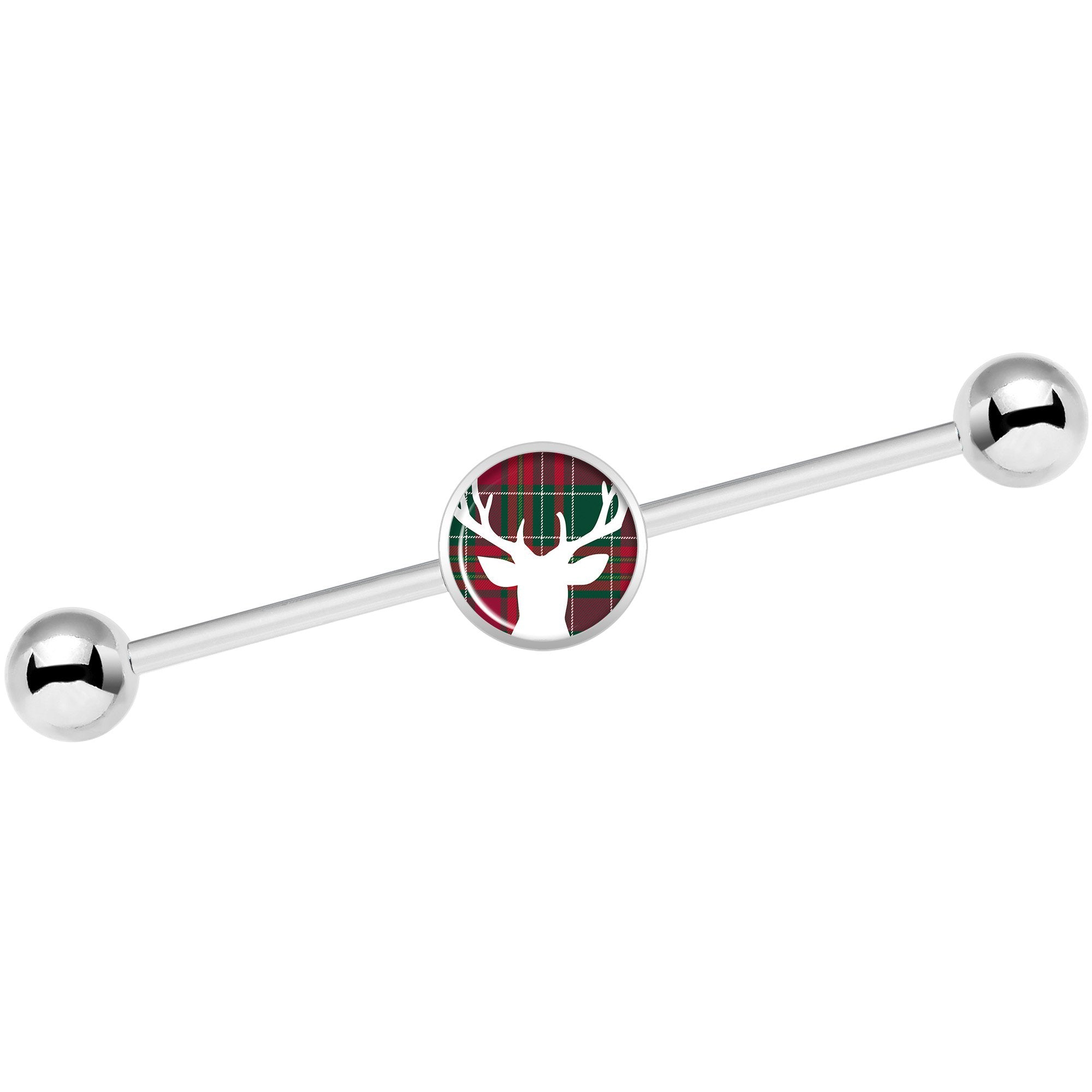 14G Red Green Plaid Reindeer Industrial Barbell 37mm