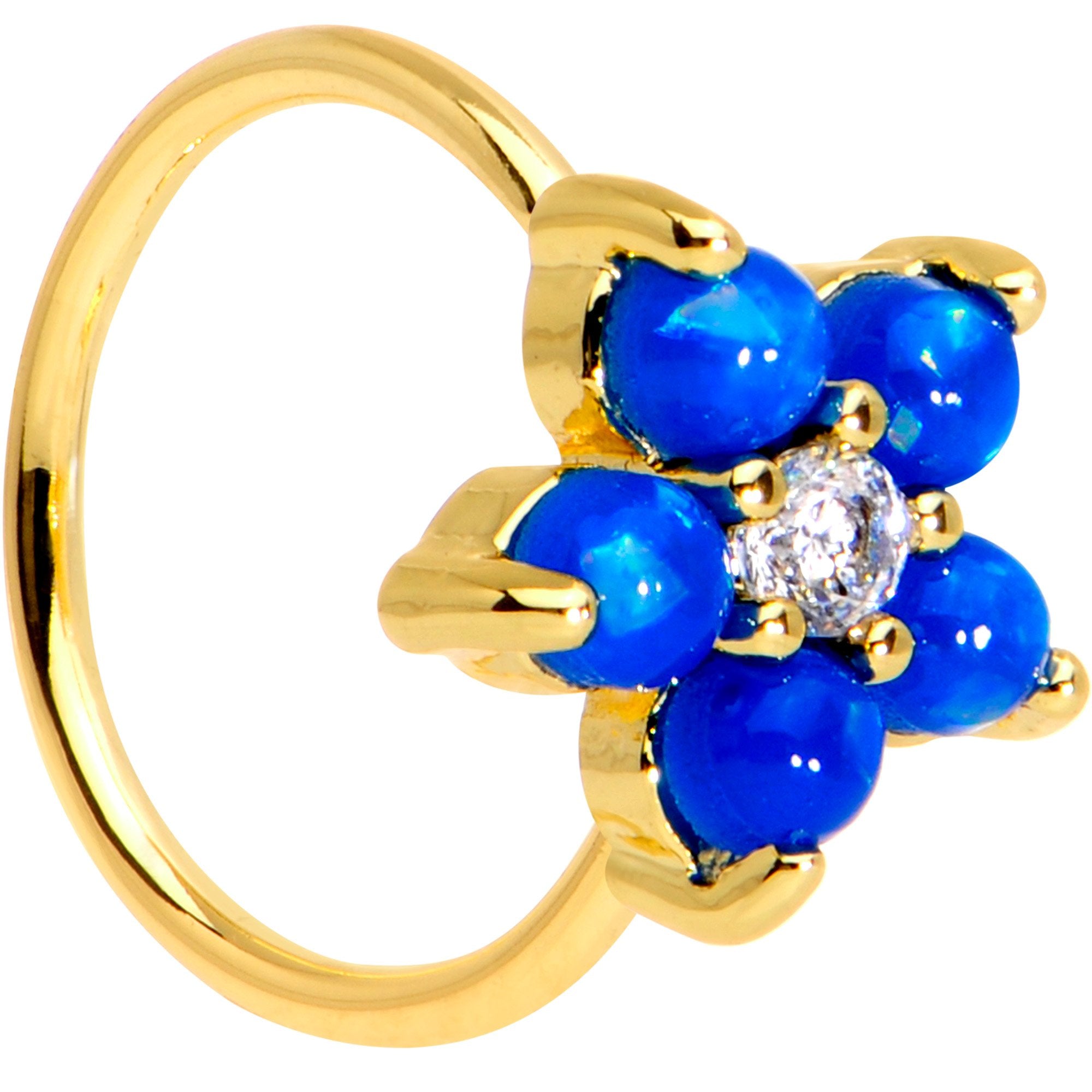 20 Gauge Clear CZ Blue Faux Opal Gold Tone Flower Circular Ring
