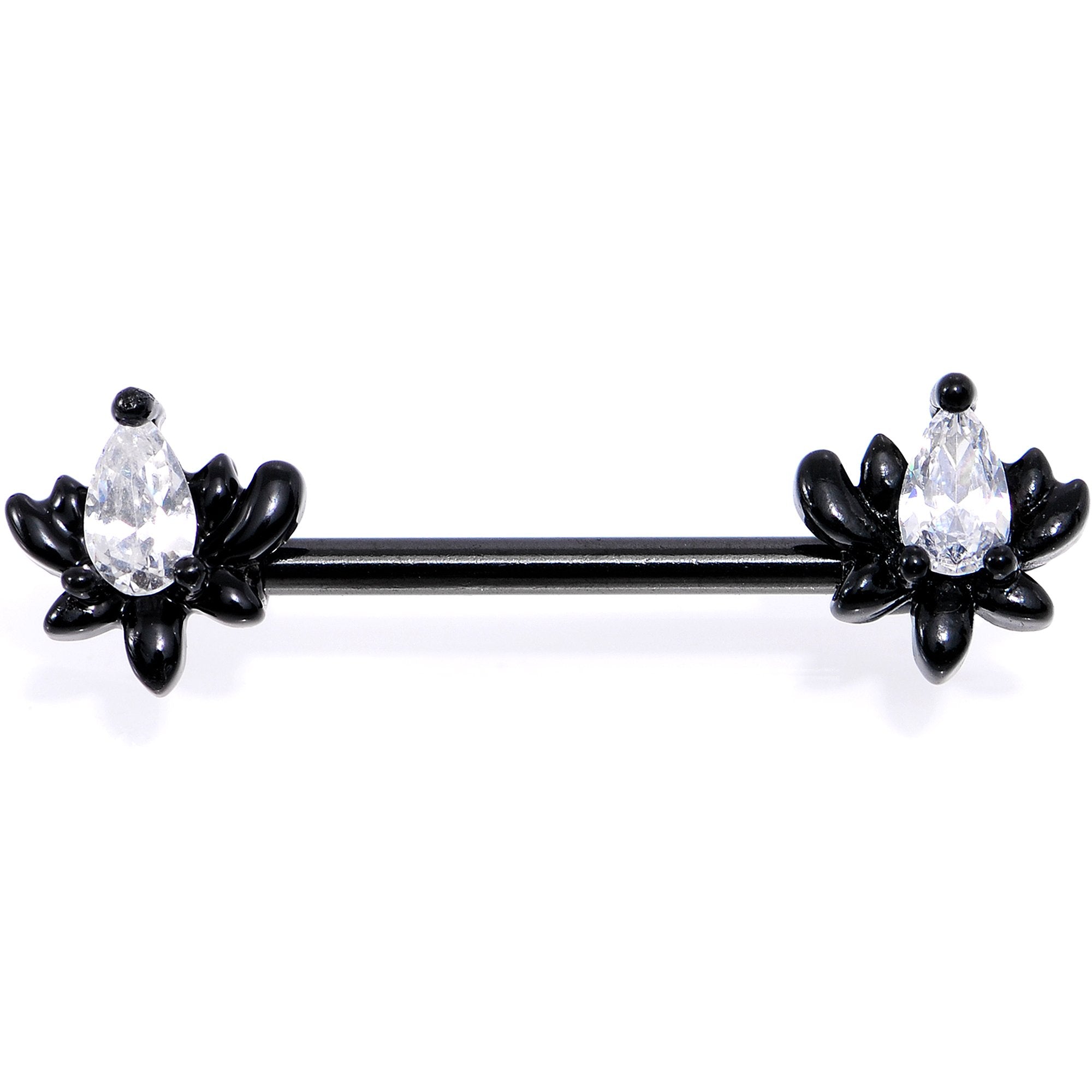 White Gem Black Anodized Fiery Flame Barbell Nipple Ring Set