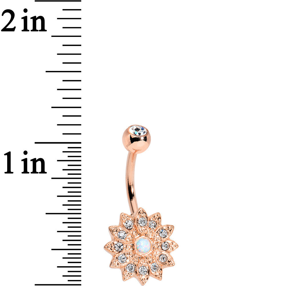 White Faux Opal Clear Gem Rose Gold Plated Fancy Flower Belly Ring