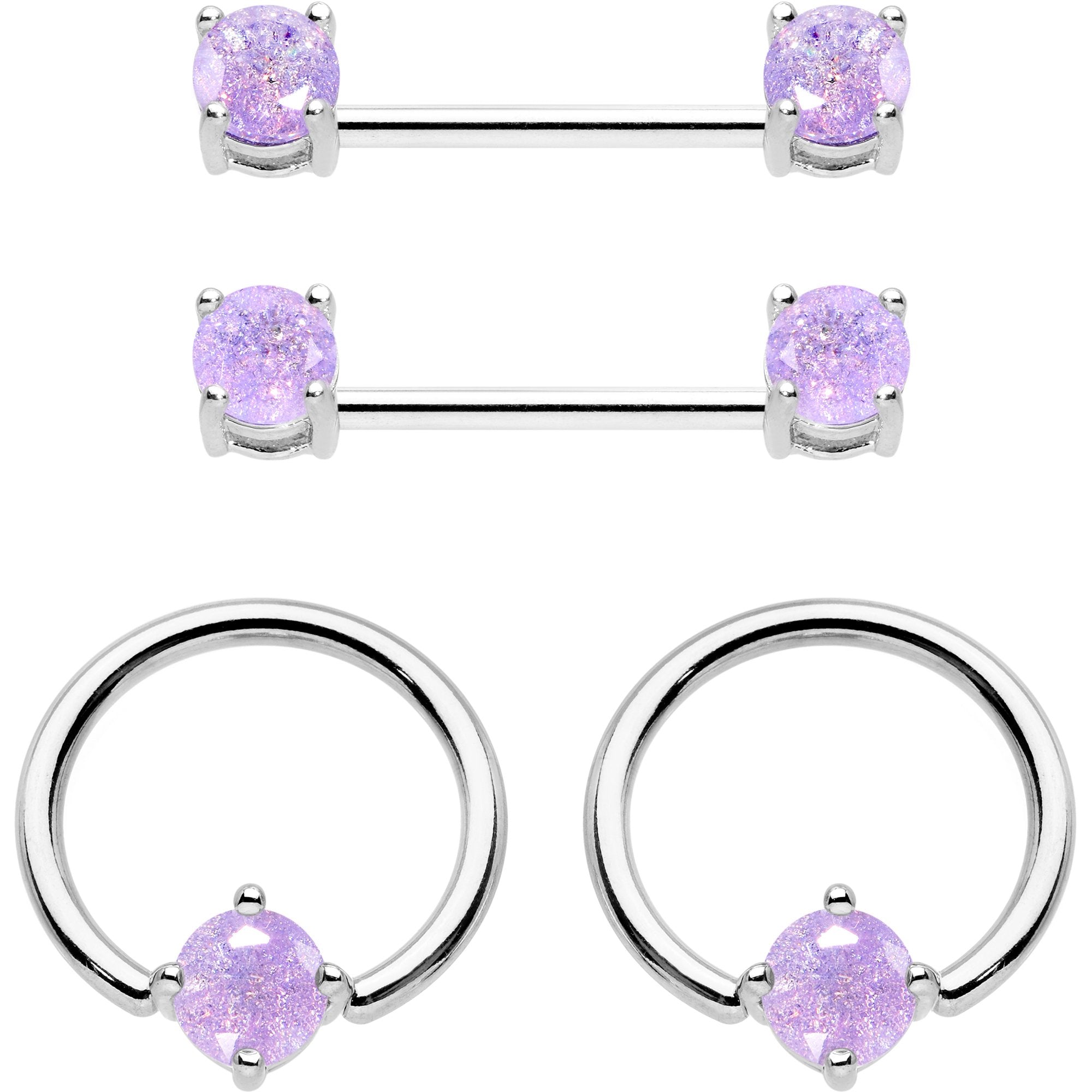 Purple CZ Gem Captive Ring Straight Barbell Nipple Ring Set