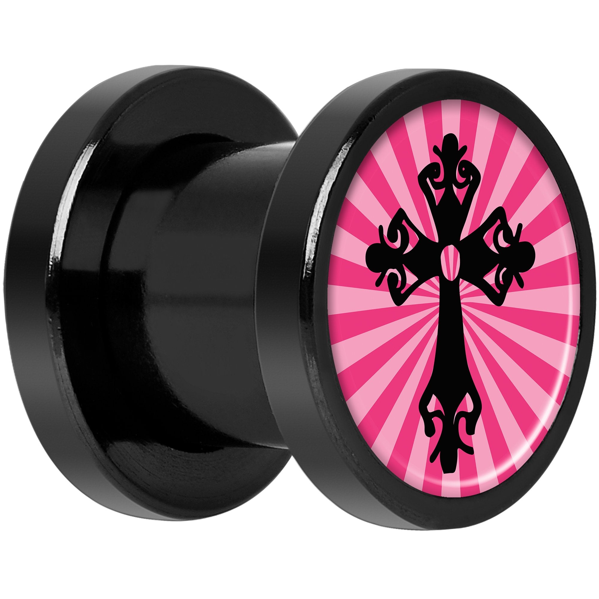 Pink Black Radiant Cross Black Anodized Screw Fit Plug Set 0 Gauge