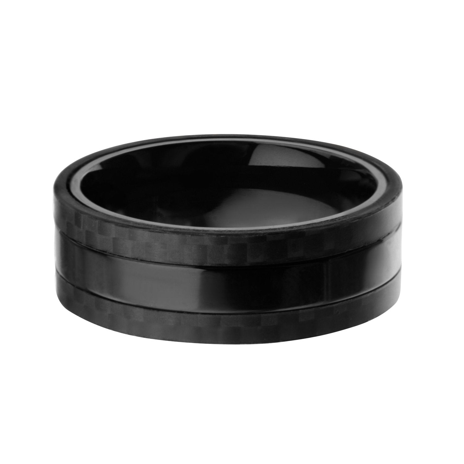 Mens Black IP Center Solid Carbon Fiber Stainless Steel Ring