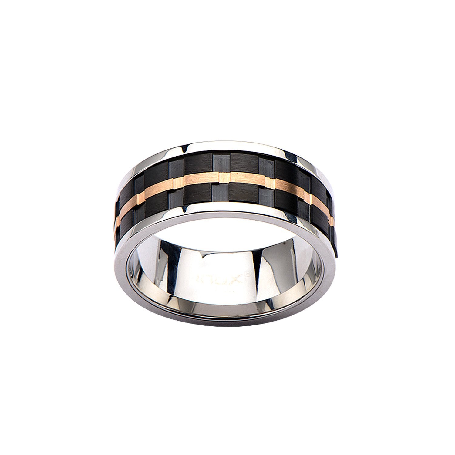 Mens Black Rose Gold Groove Spinner Stainless Steel Ring