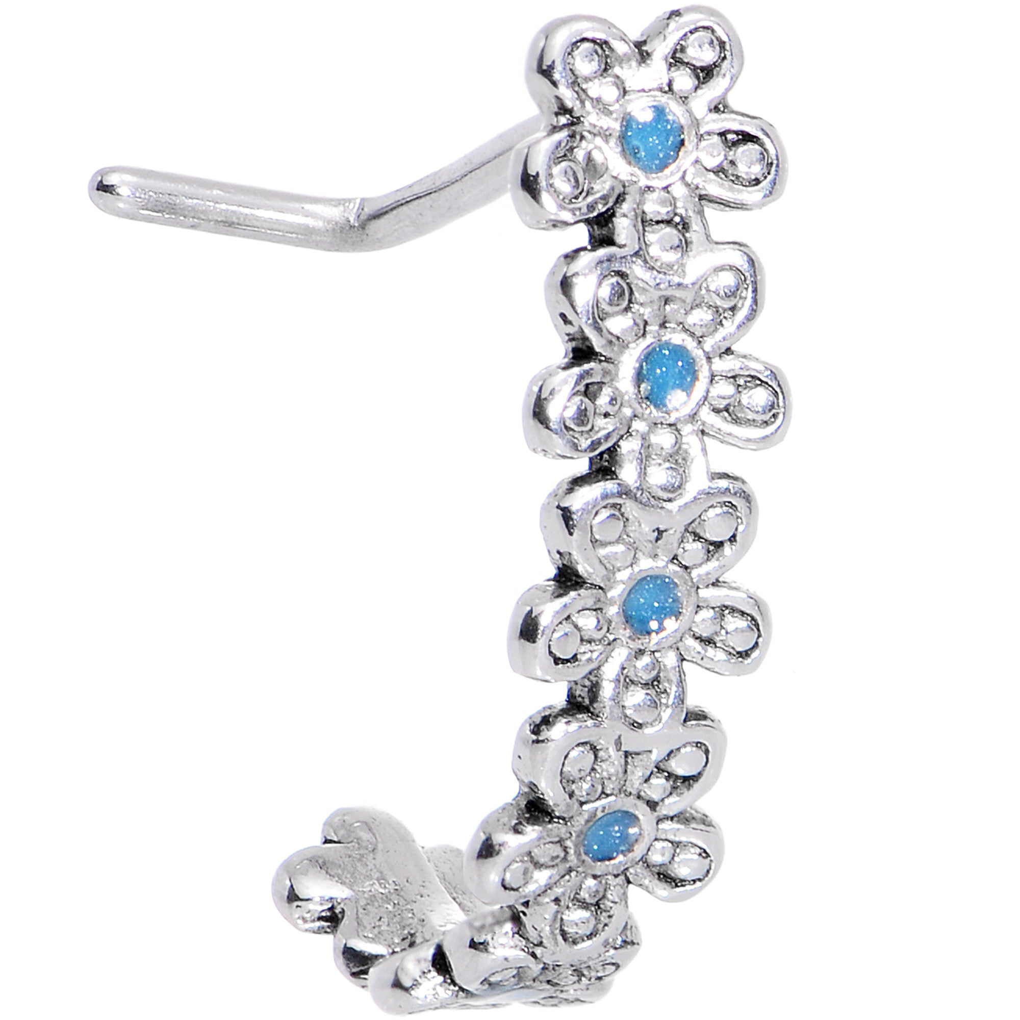 20G Blue Belle Daisy Flower Chain Faux Hoop L Shaped Nose Ring
