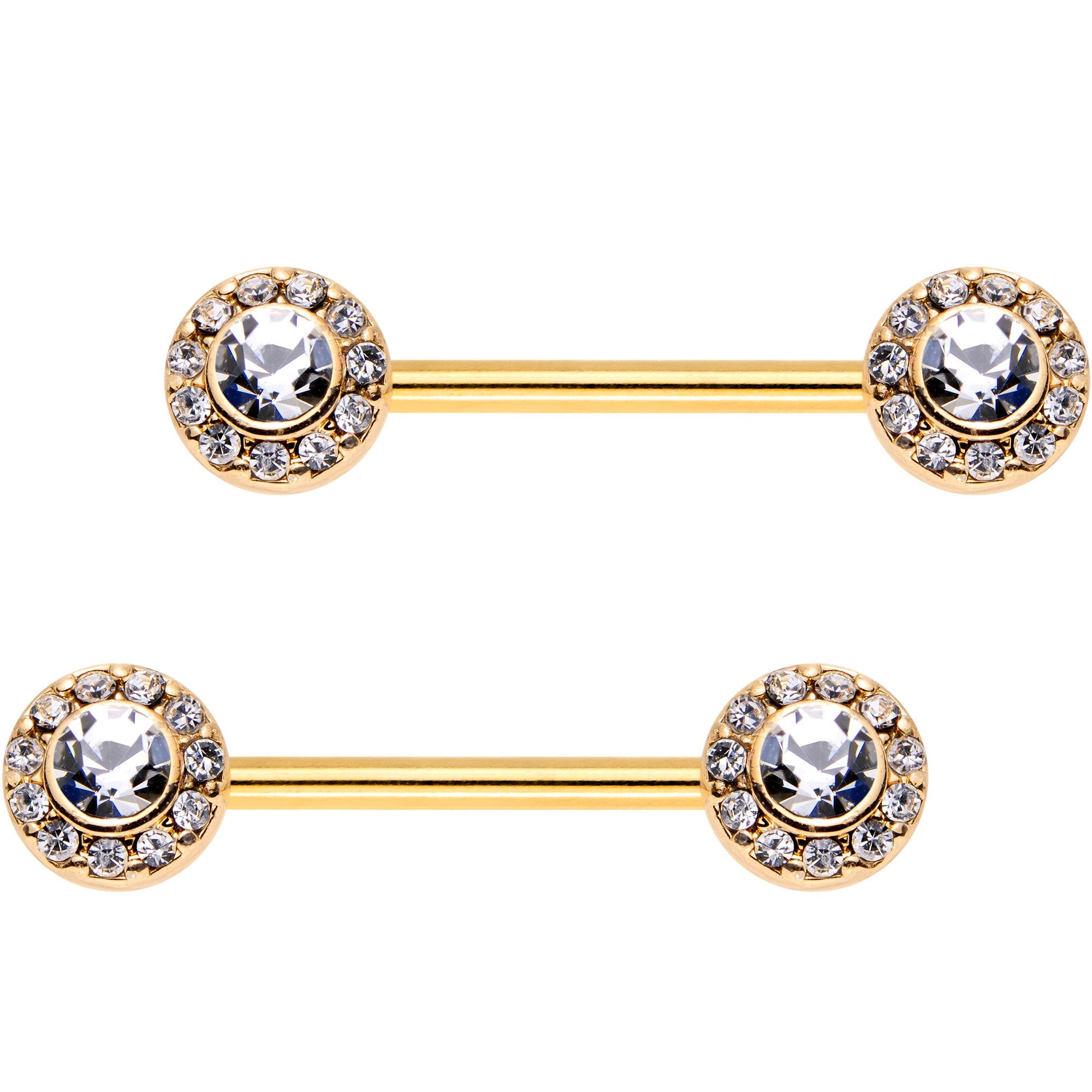 9/16 Clear CZ Gem Gold Plated Bejeweled Barbell Nipple Ring Set