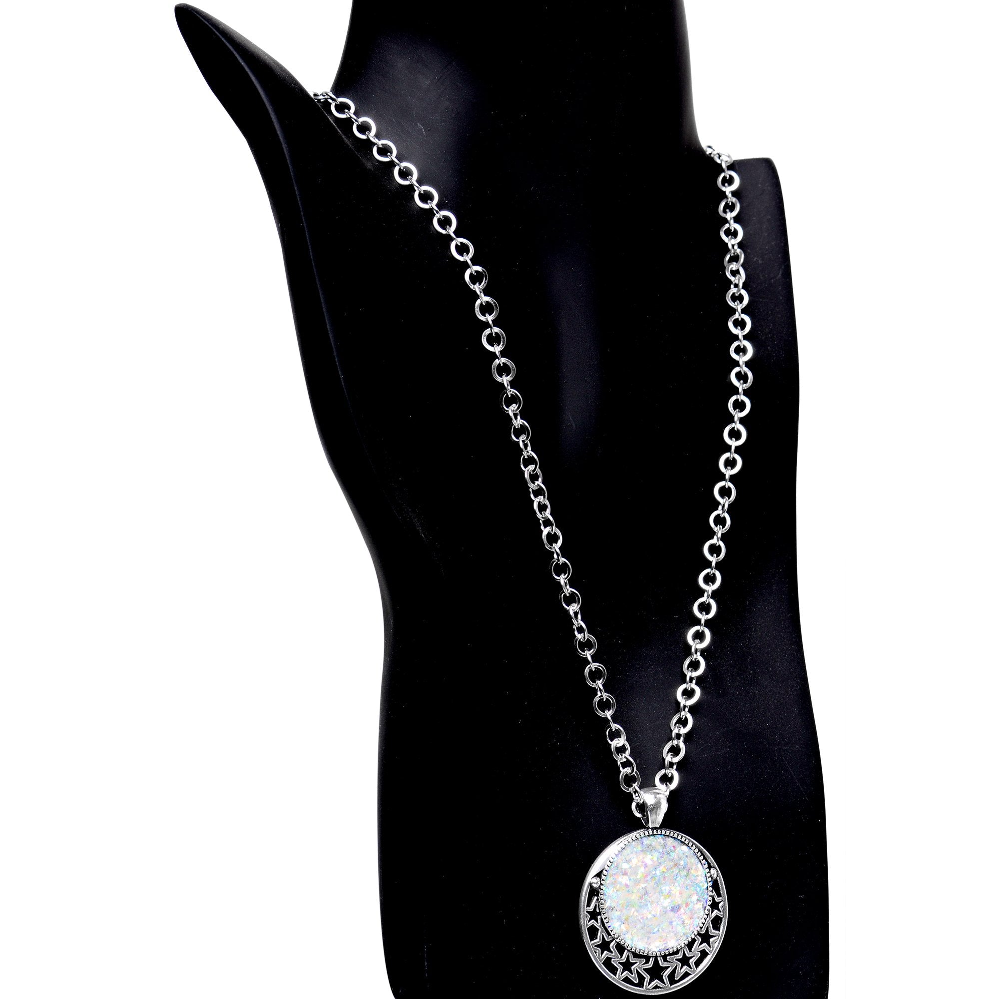 Handmade White Faux Opal Starry Universe Silver Plated Chain Necklace