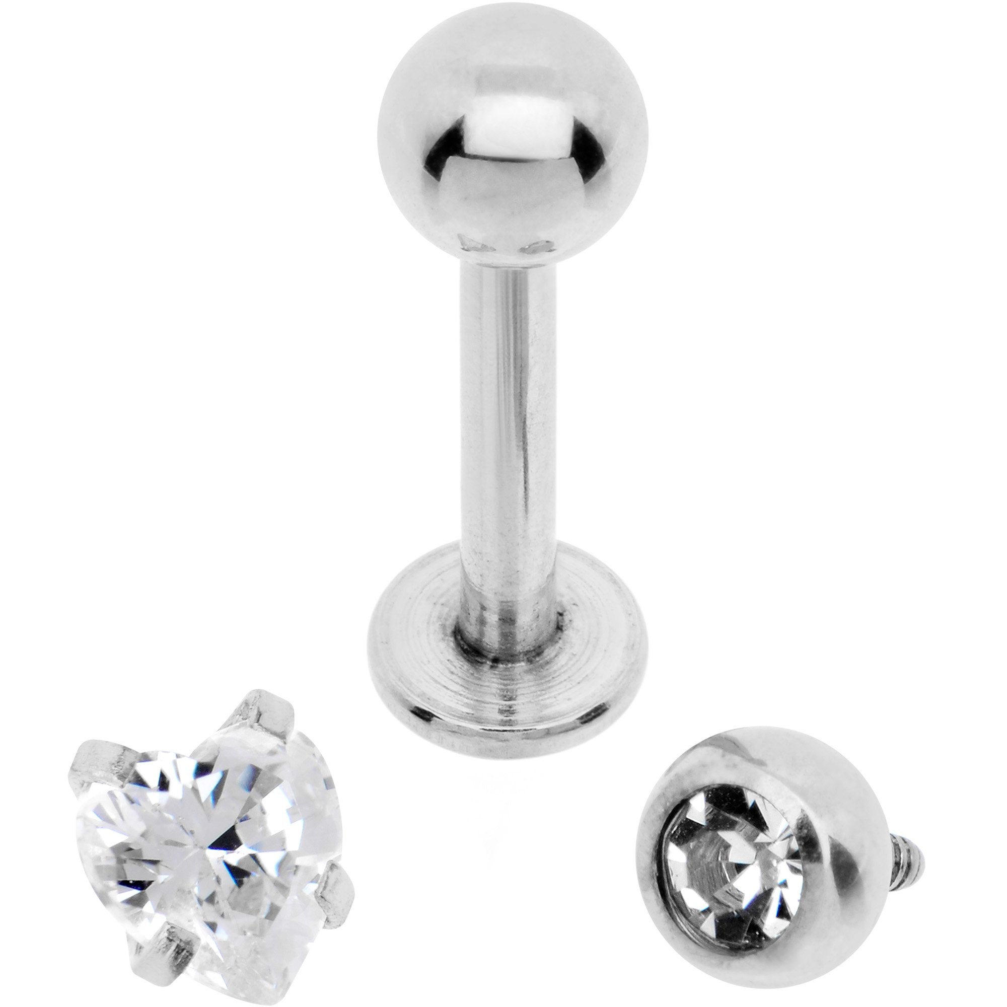 Clear CZ Heart Internally Threaded Labret Set of 3 Ends