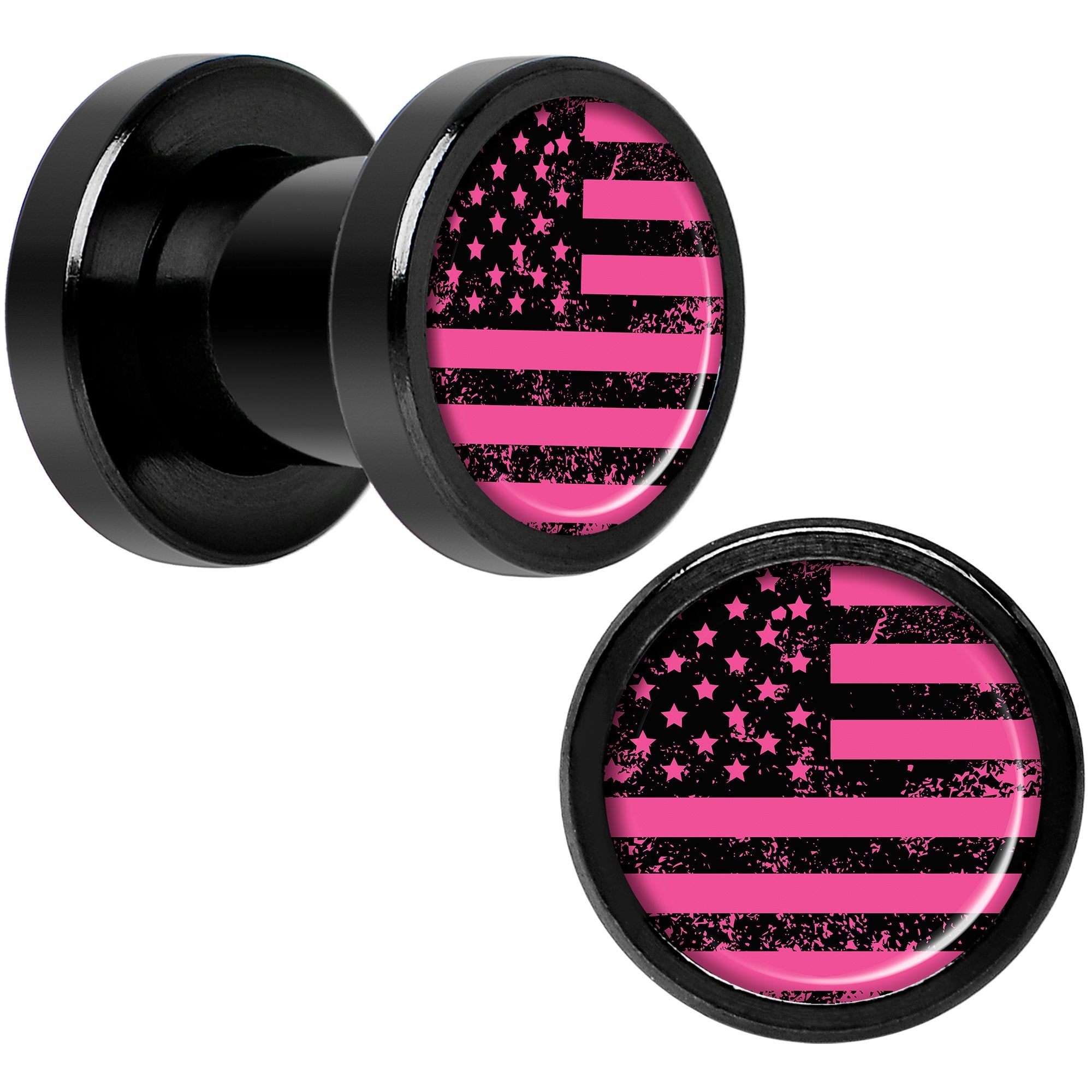 Pink American Flag Black Anodized Screw Fit Plug Set 2G