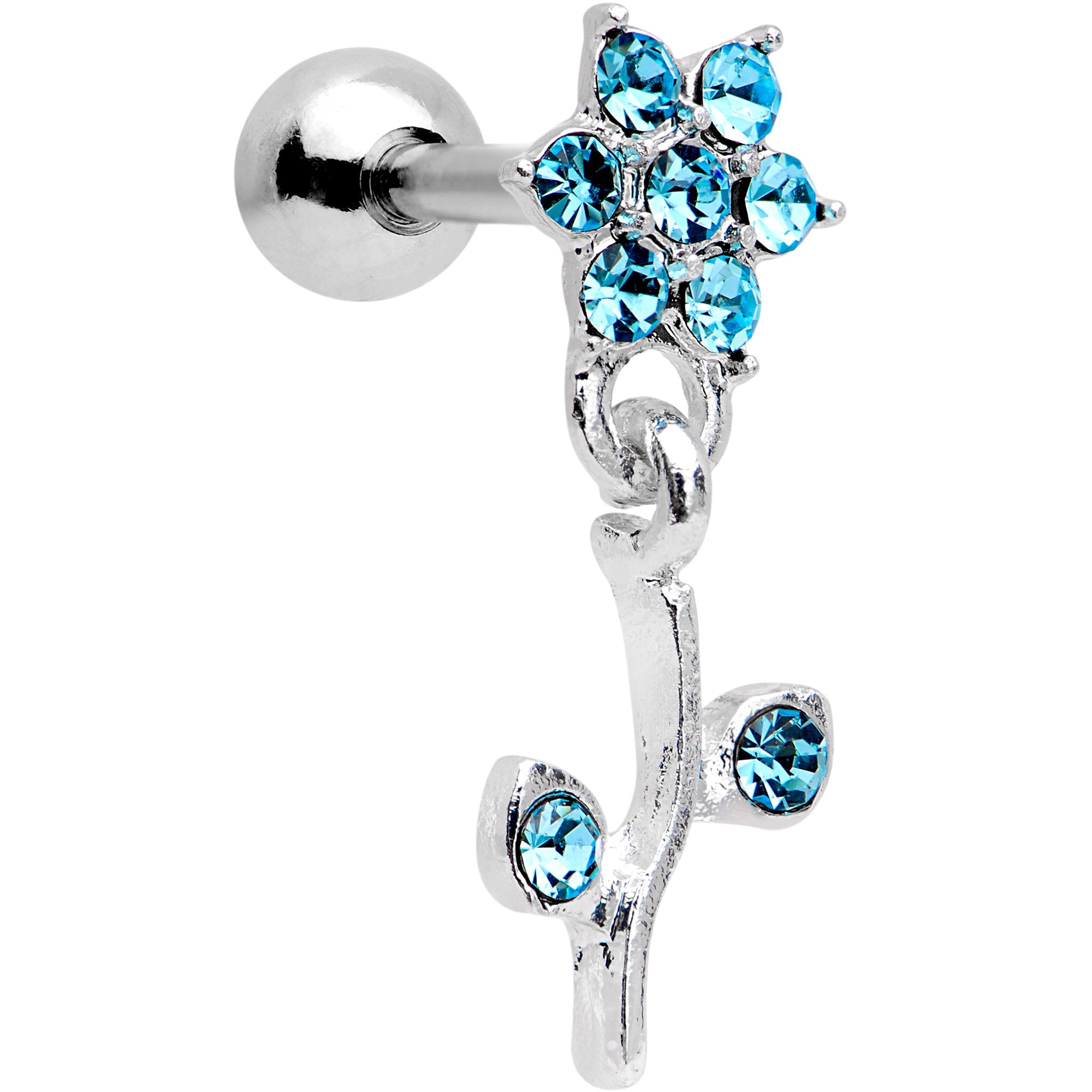 16G 1/4 Aqua Gem  Flower Dangle Cartilage Tragus Earring
