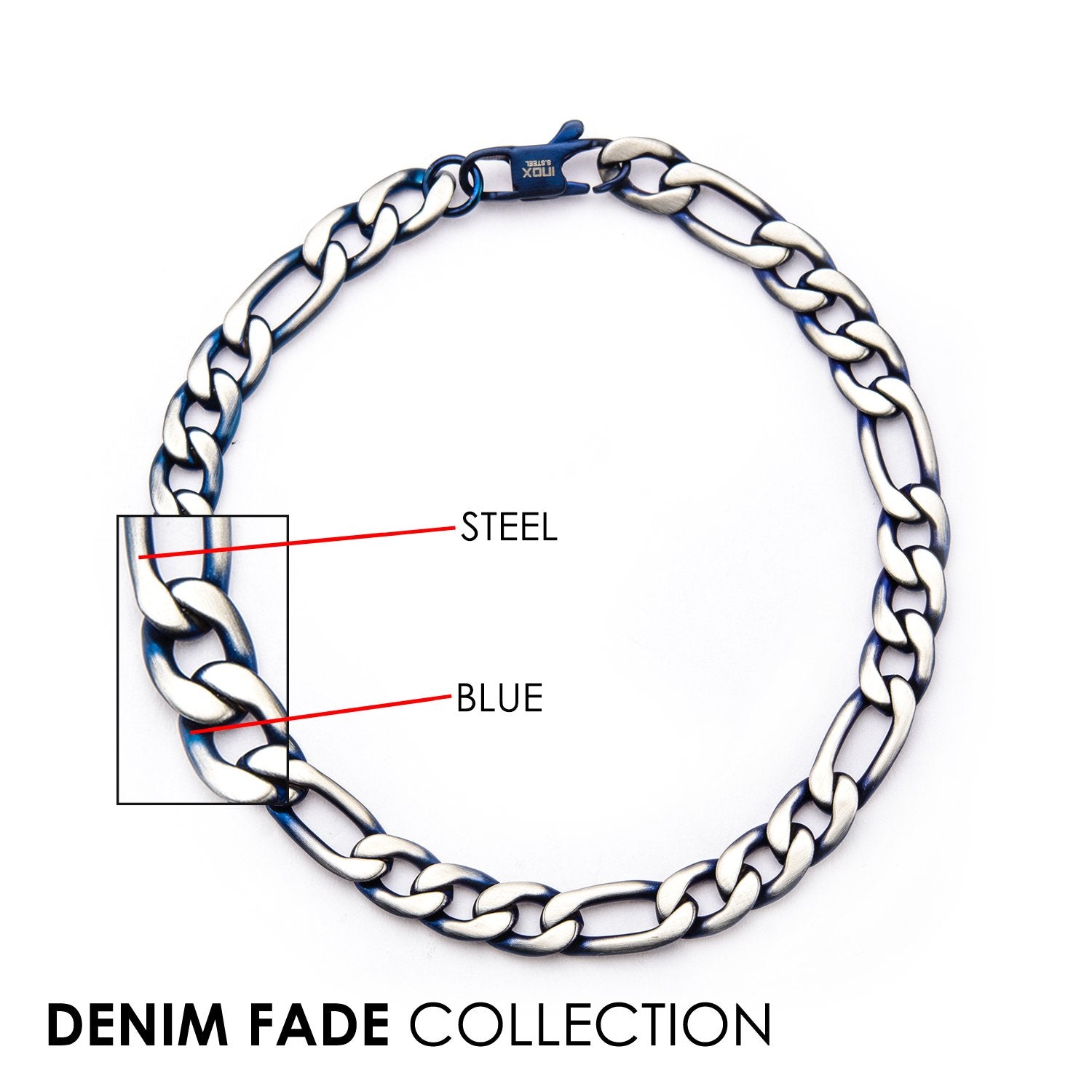 Mens Stainless Steel Blue IP 2.3mm Figaro Chain Bracelet
