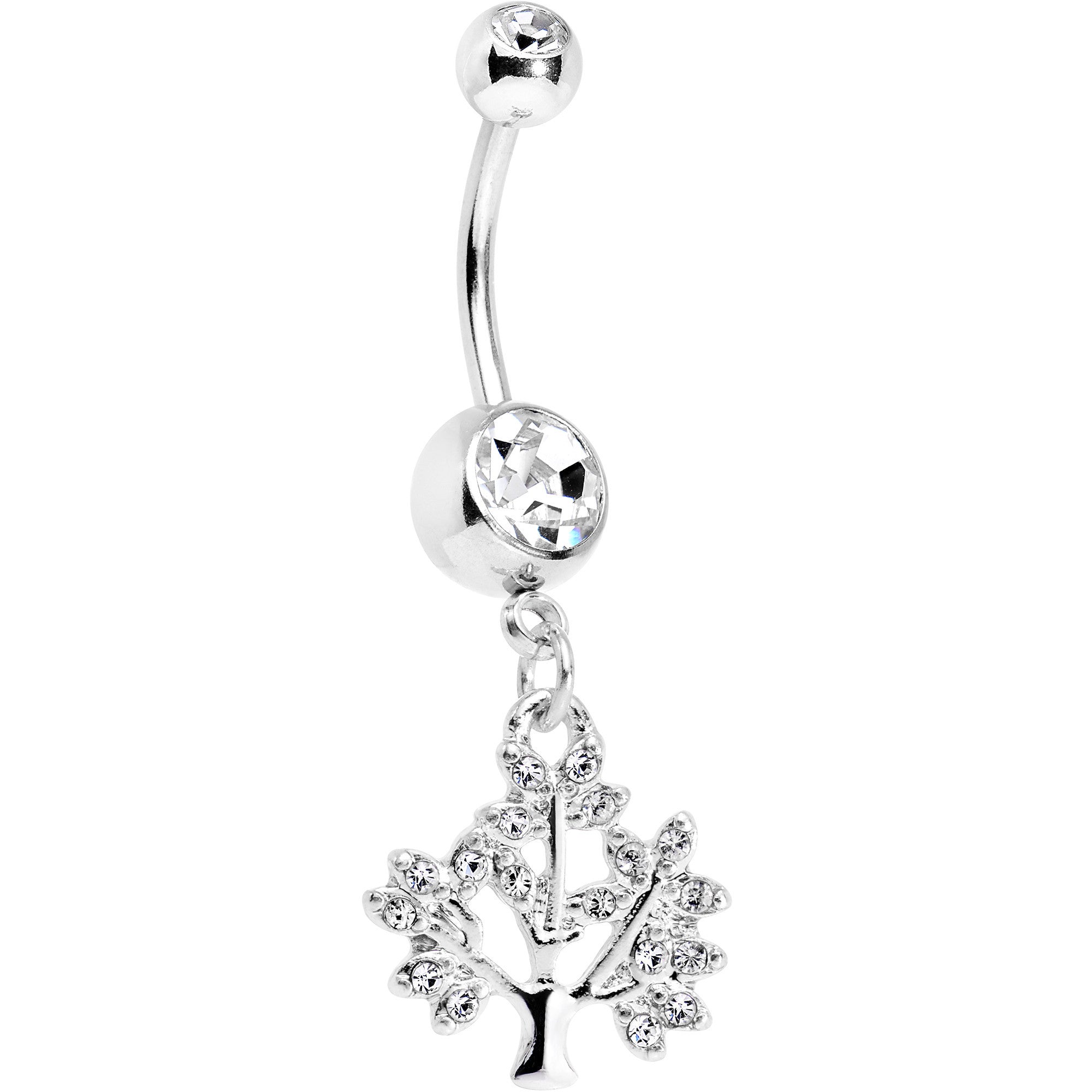 Clear Gem Steel Tree of Life Dangle Belly Ring