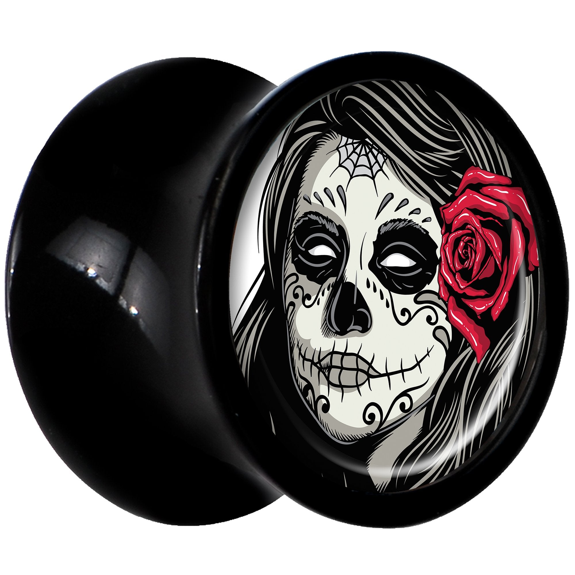 Black Acrylic Katrina Sugar Skull with Rose Flower Saddle Plug Set 0 Gauge