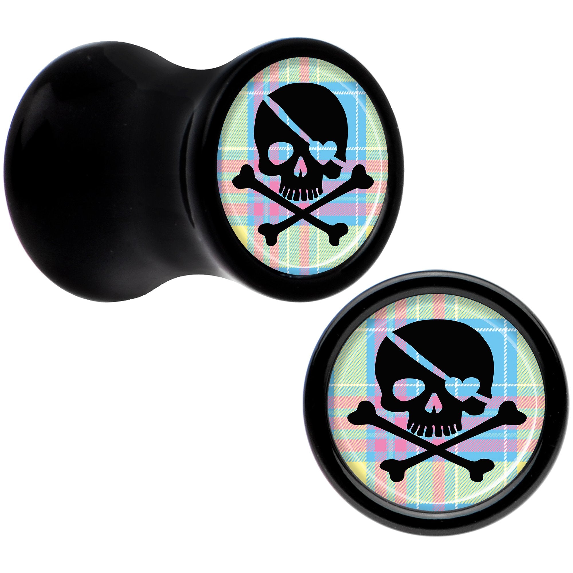 Black Acrylic Pink Green Plaid Heart Skull Saddle Plug Set 2G