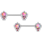 Pink Synthetic Opal Filigree Pendant Barbell Nipple Ring Set