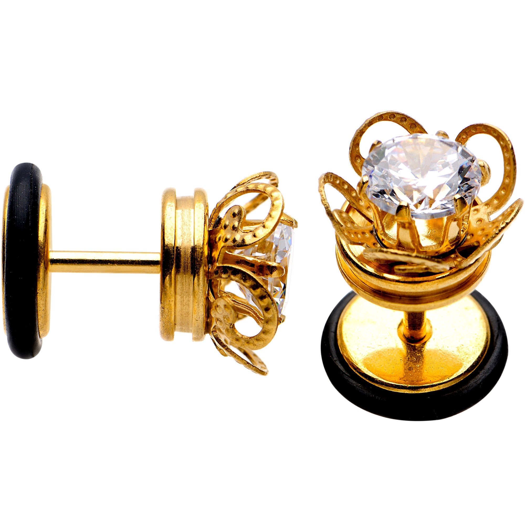 Clear Gem Gold Tone Anodized Swirl Cheater Plug Set