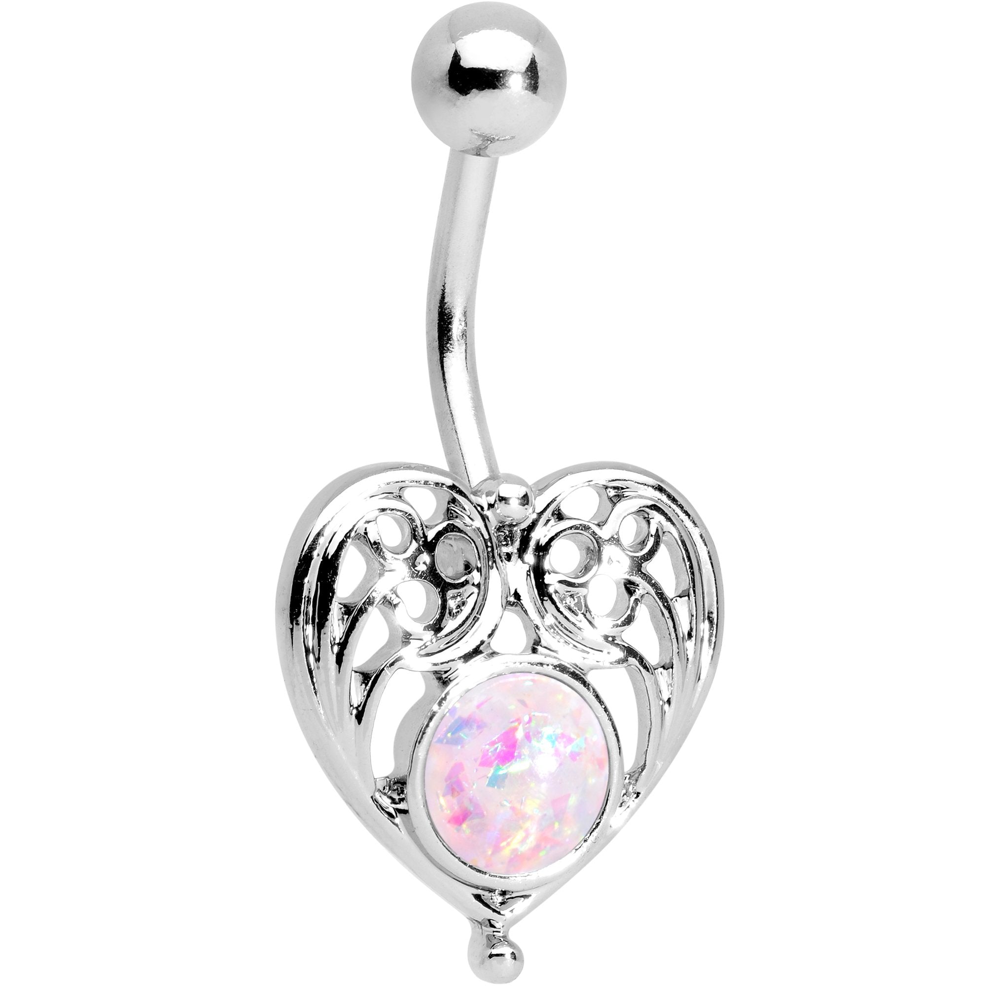 White Faux Opal Valentines Day Heavenly Heart Belly Ring