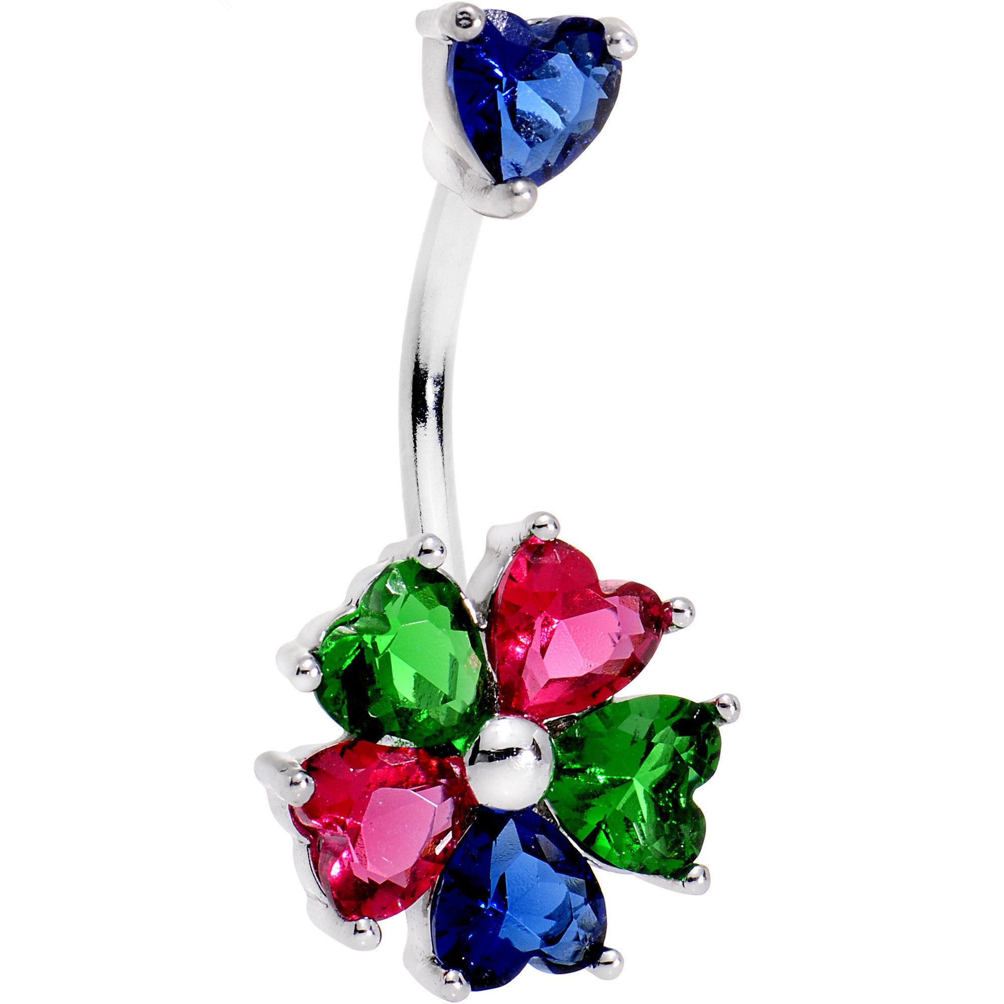 Blue Green Pink CZ Flower Heart Double Mount Belly Ring