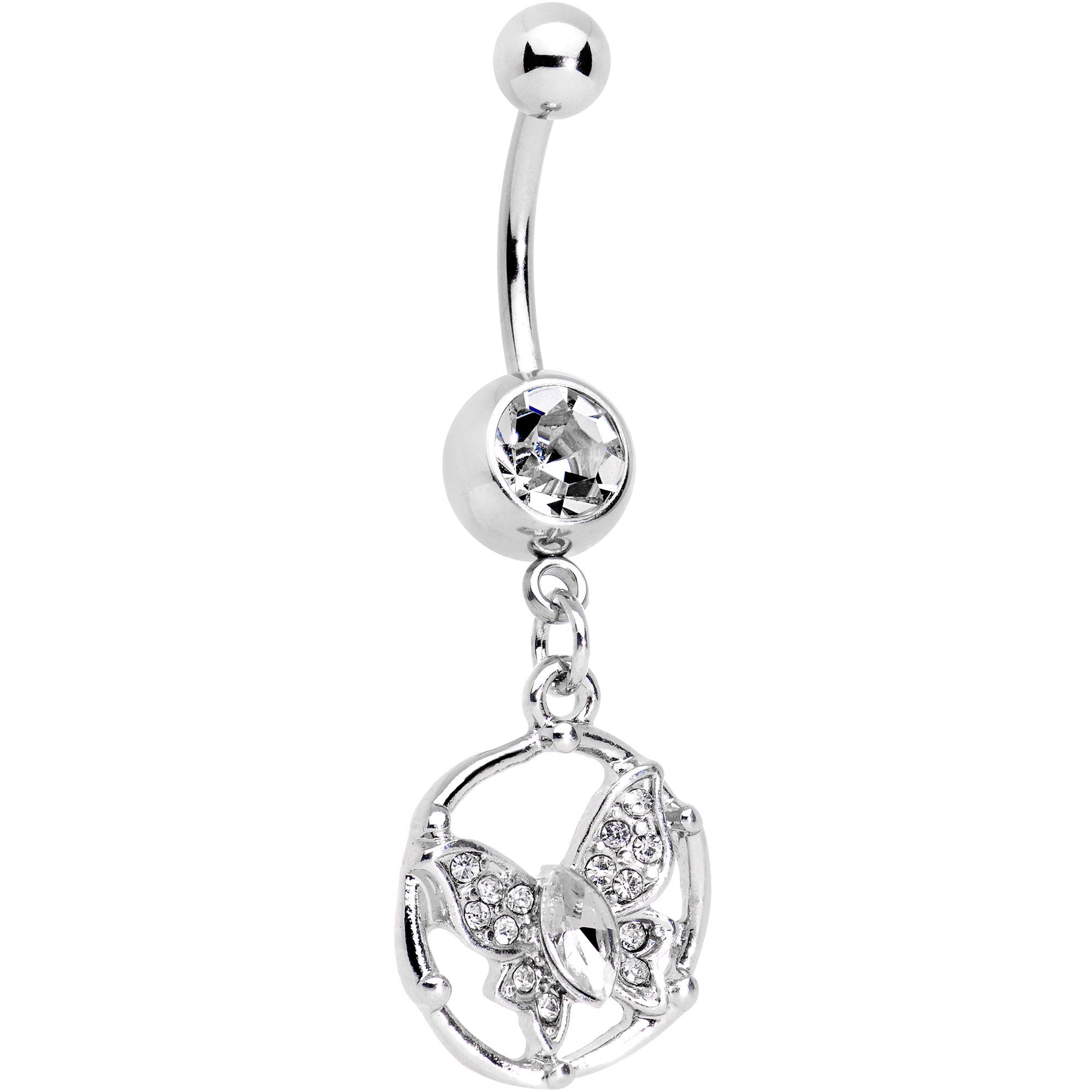 Clear CZ Gem Butterfly Halo Dangle Belly Ring