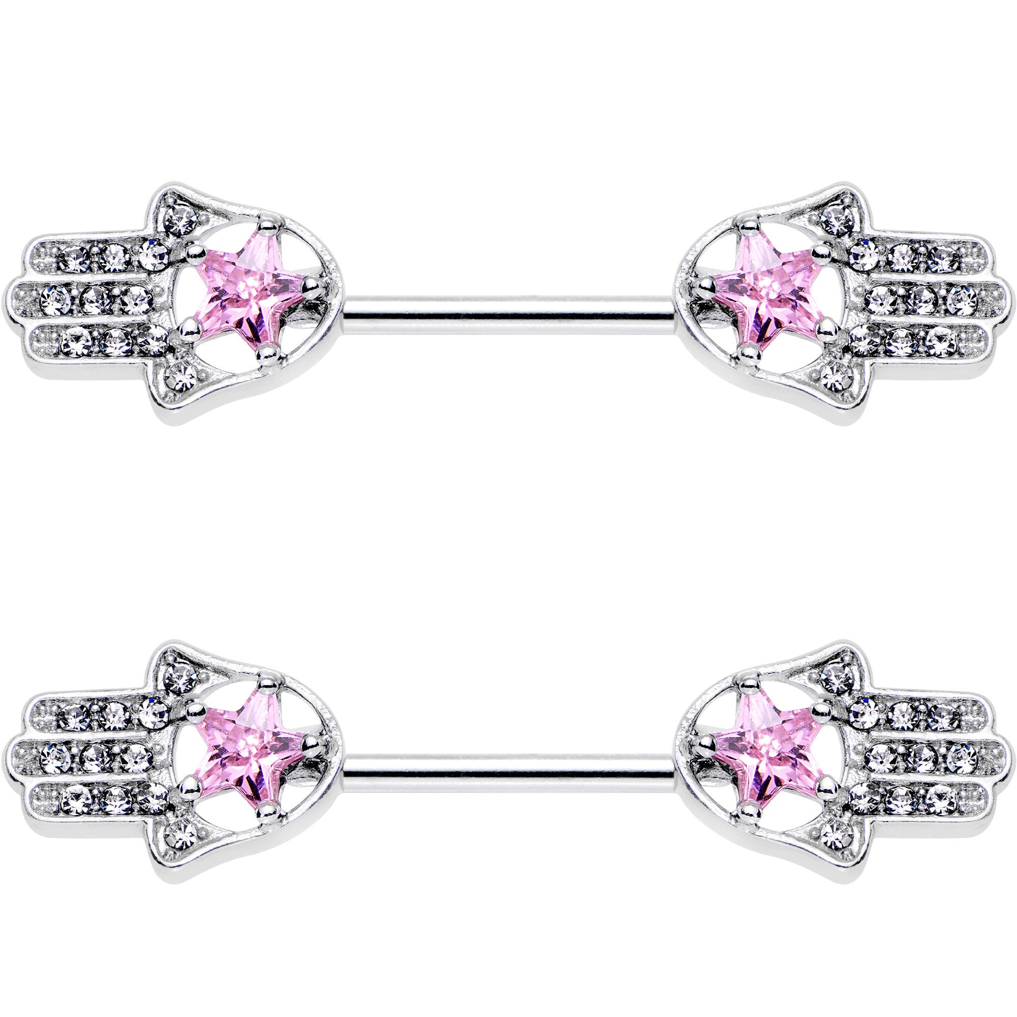 14 Gauge 9/16 Pink Gem Star Hamsa Hand Barbell Nipple Ring Set