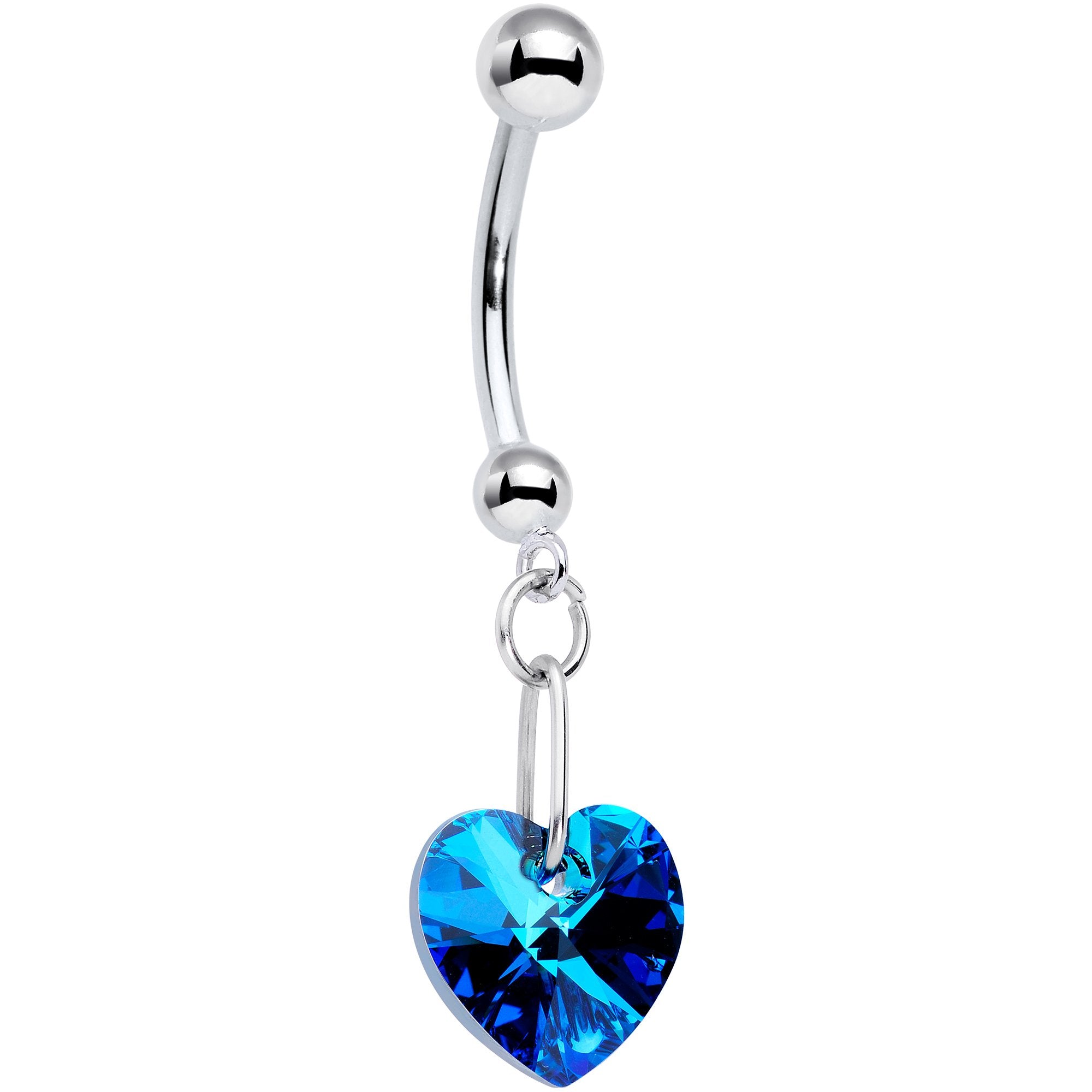 14KT White Gold Blue Heart Belly Ring Created with Crystals