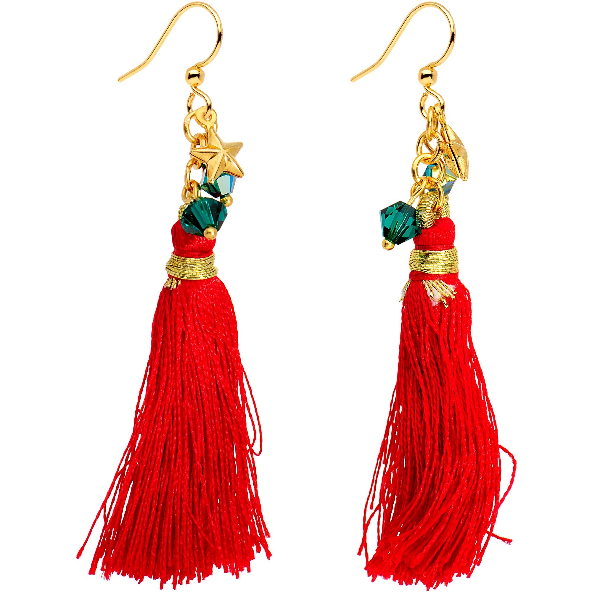 Red Holiday Tassel Fishhook Earrings Created with Crystals