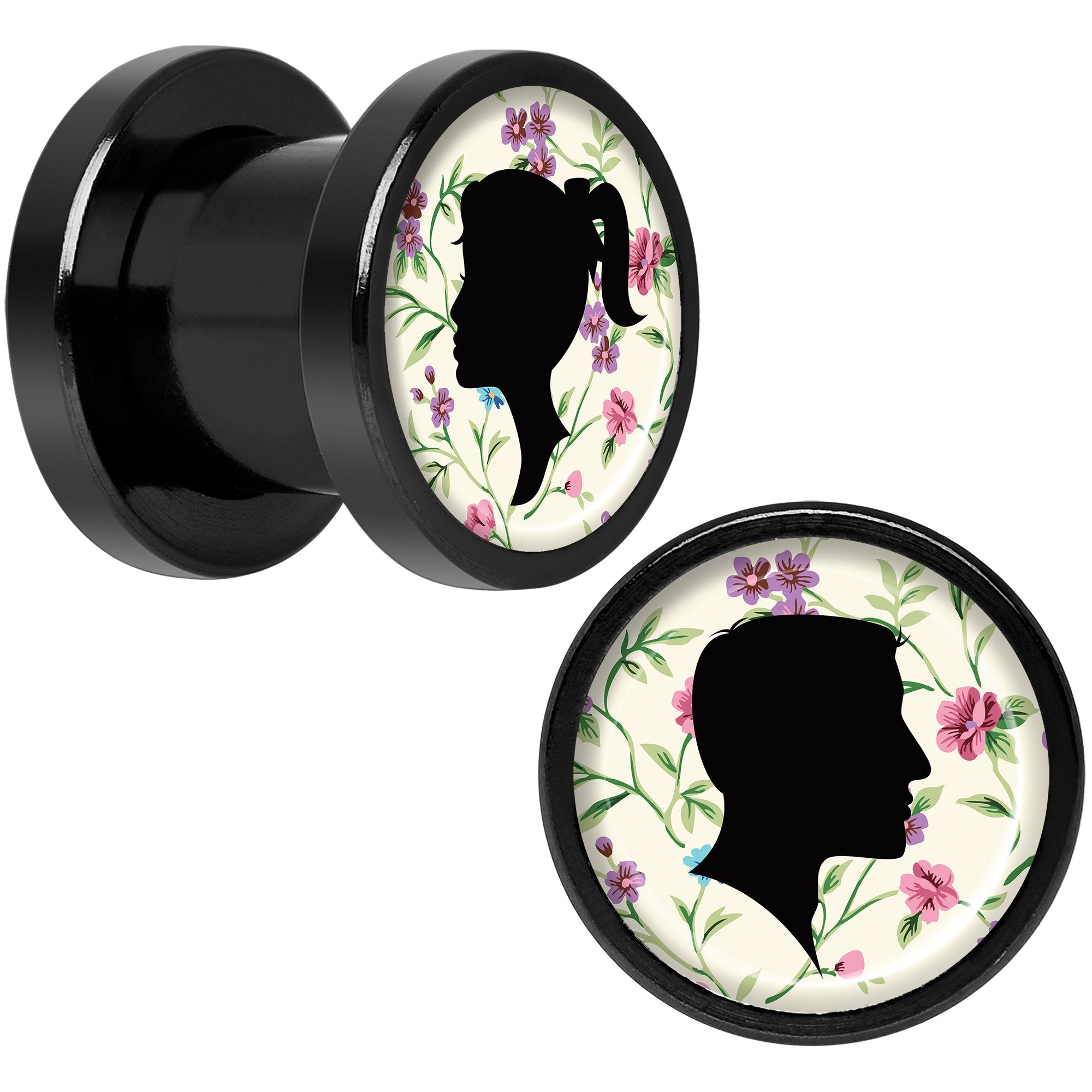 Man Woman Floral Silhouette Black Anodized Screw Fit Plug Set 0G