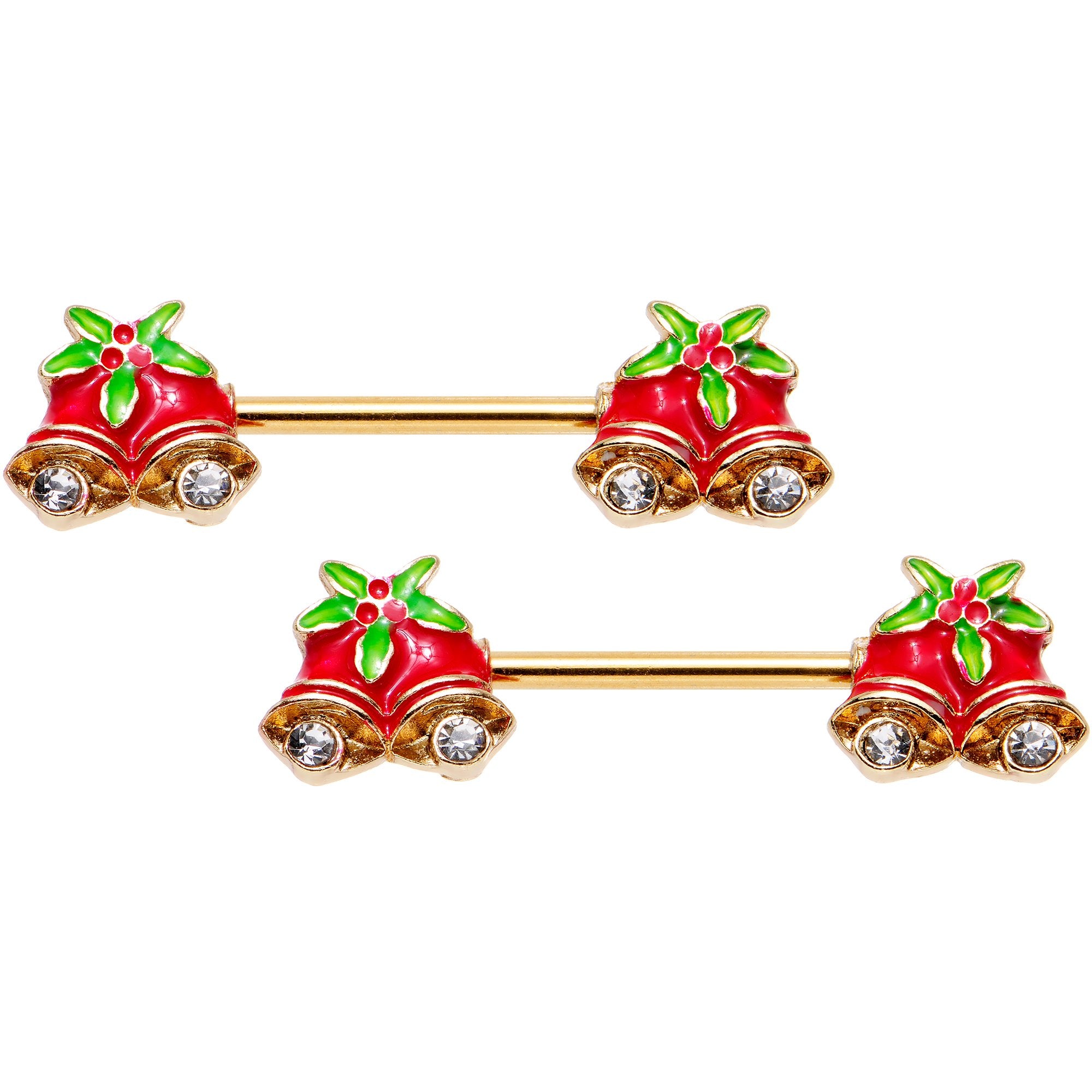 9/16 Clear Gem Gold PVD Red Christmas Bells Barbell Nipple Ring Set
