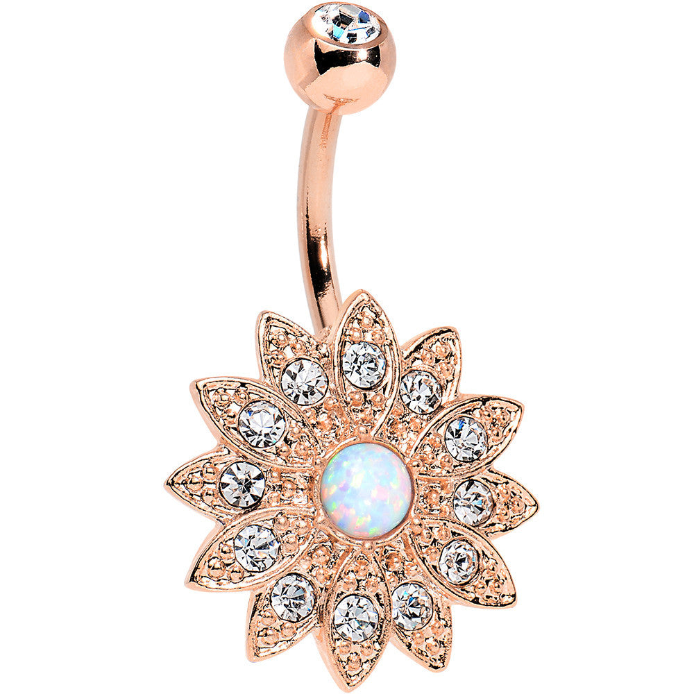 White Faux Opal Clear Rose Gold Plated Fancy Sparkle Flower Belly Ring