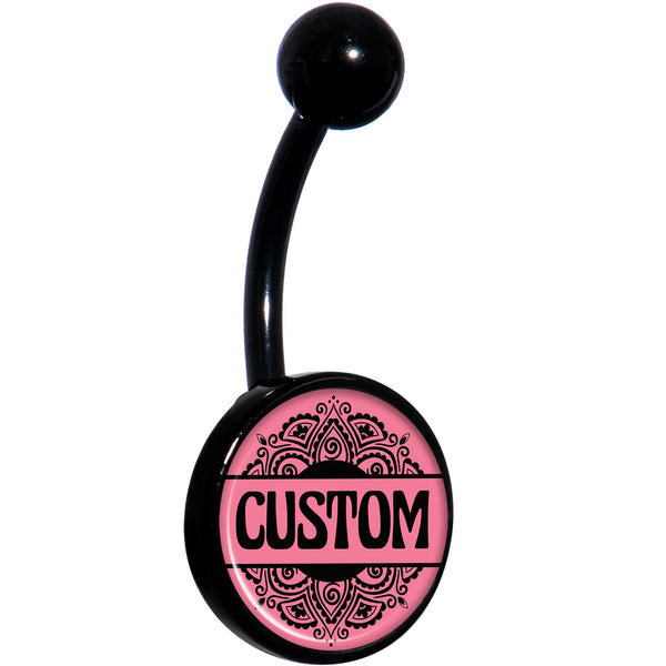 Custom Pink Mandala Personalized Name Black Belly Ring