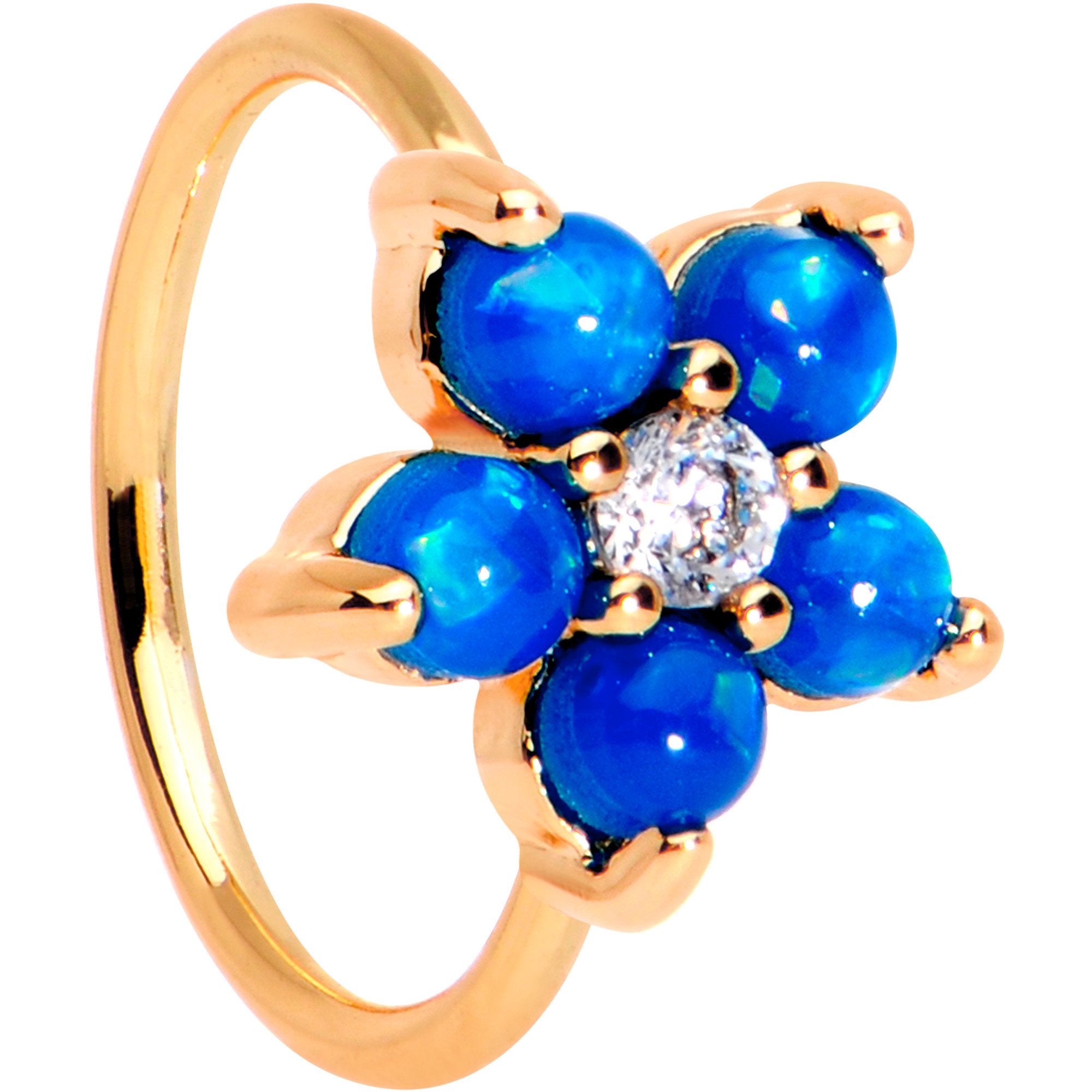 20 Gauge Clear CZ Blue Faux Opal Rose Gold Tone Flower Circular Ring